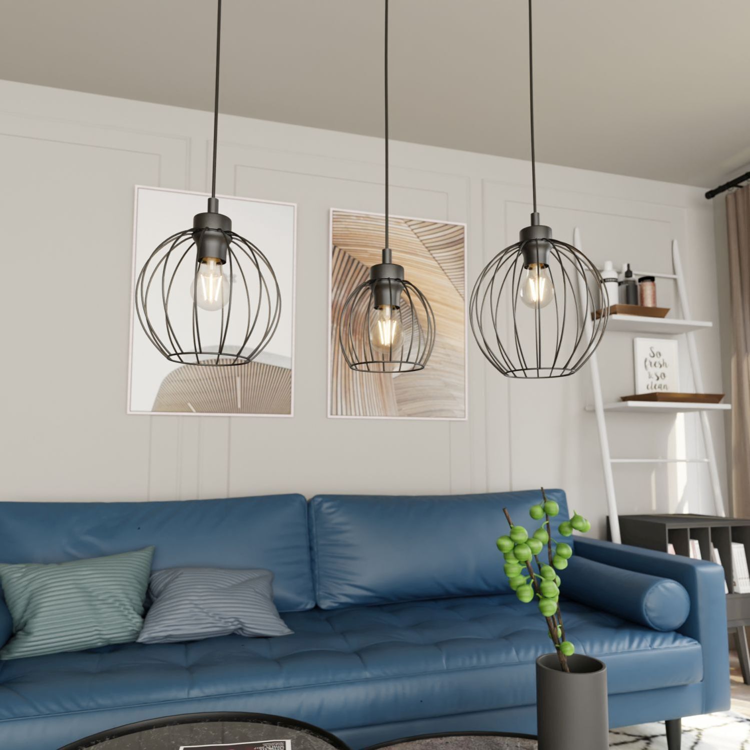 Lange Pendelleuchte Draht E27 L:77 cm Metall Schwarz Hängeleuchte, Gitterrahmen, Wohnzimmer, blaues Sofa, moderne Dekoration