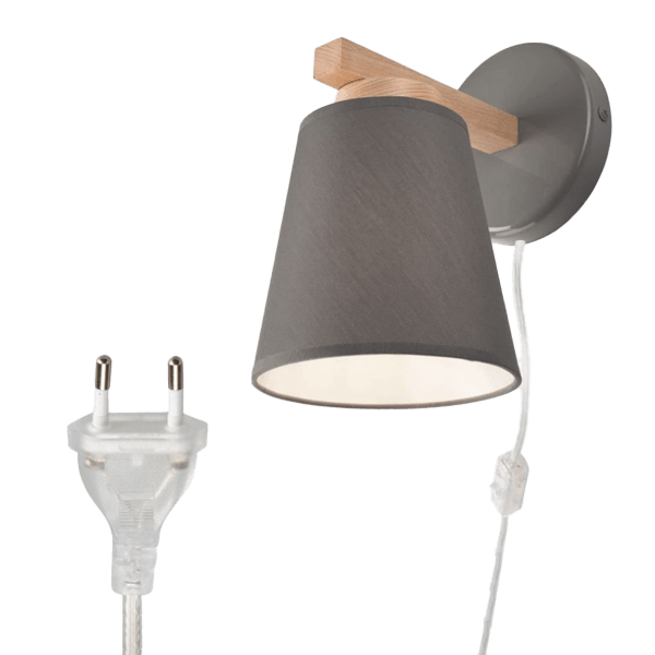 Wandlampen mit Stecker Wandlampe, Wandleuchte, Kegelschirm, Holzarm, Grau