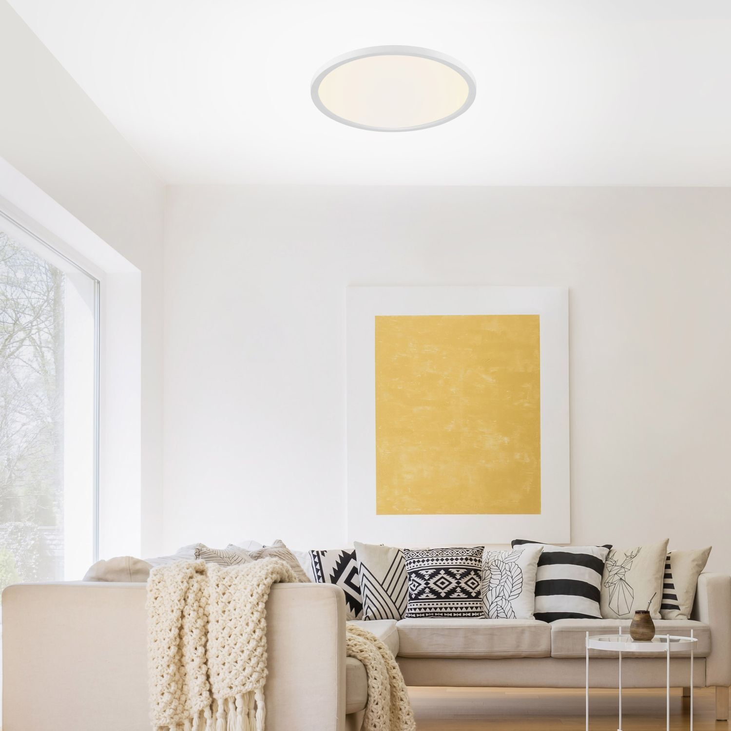 Runde LED Deckenlampe dimmbar Ø40 cm 20 W Fernbedienung Dekoration für Zuhause, Wohnzimmer, Couch, Kissen, Innenarchitektur