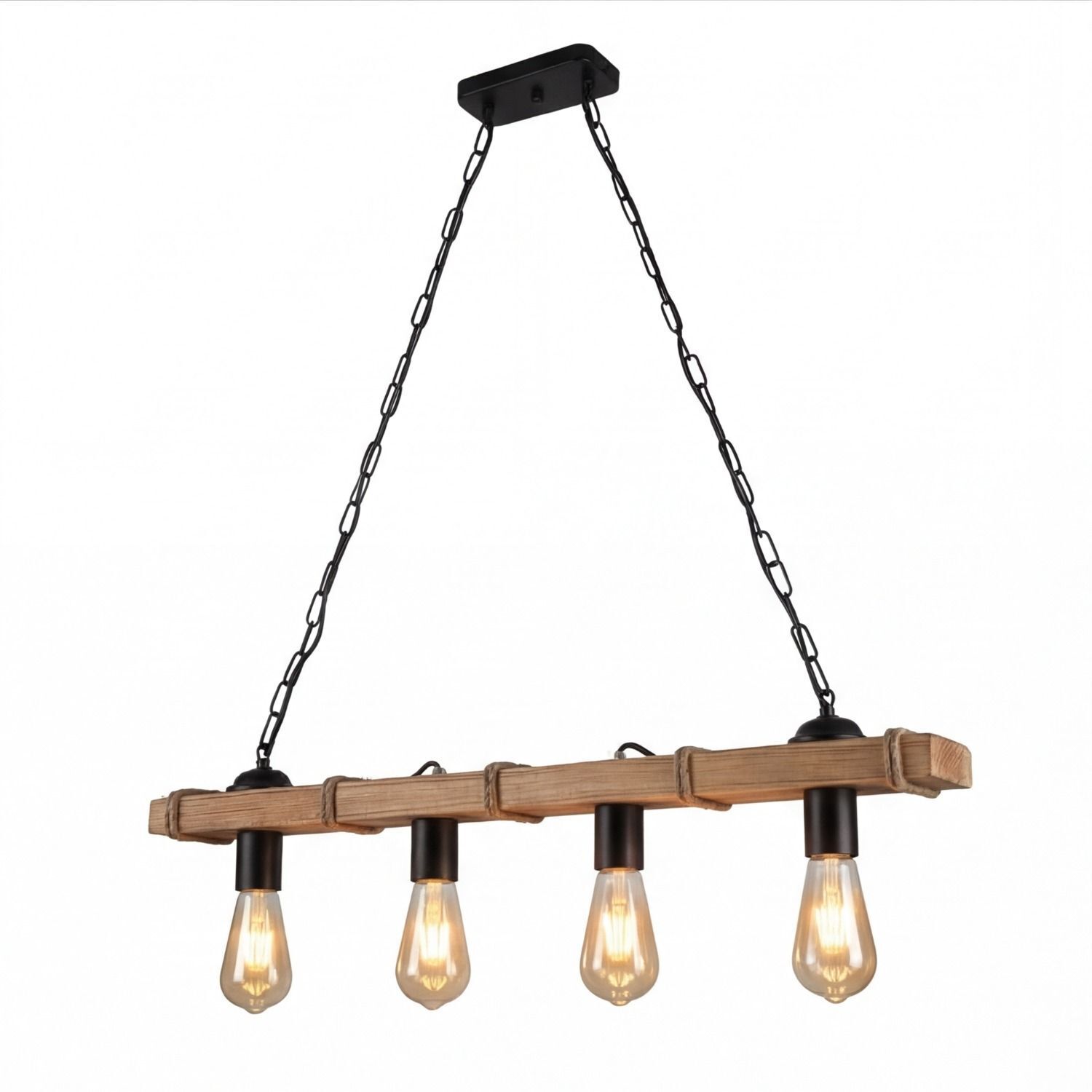 Hängelampe, Holzlampe, Edison Glühbirnen, 4-Lampen, Kettenaufhängung