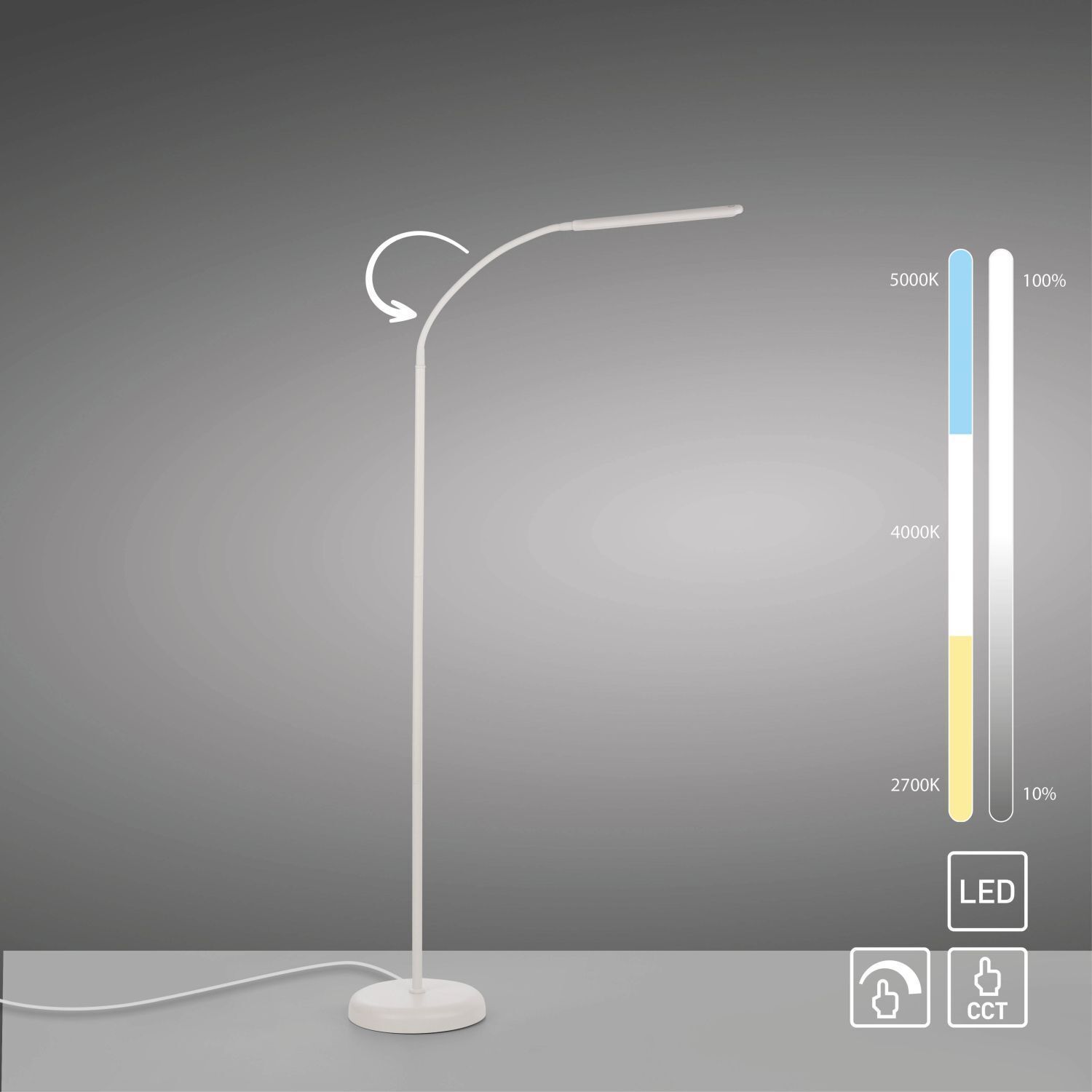 Lampadaire LED Métal Blanc Touch 125 cm réglable Lampe