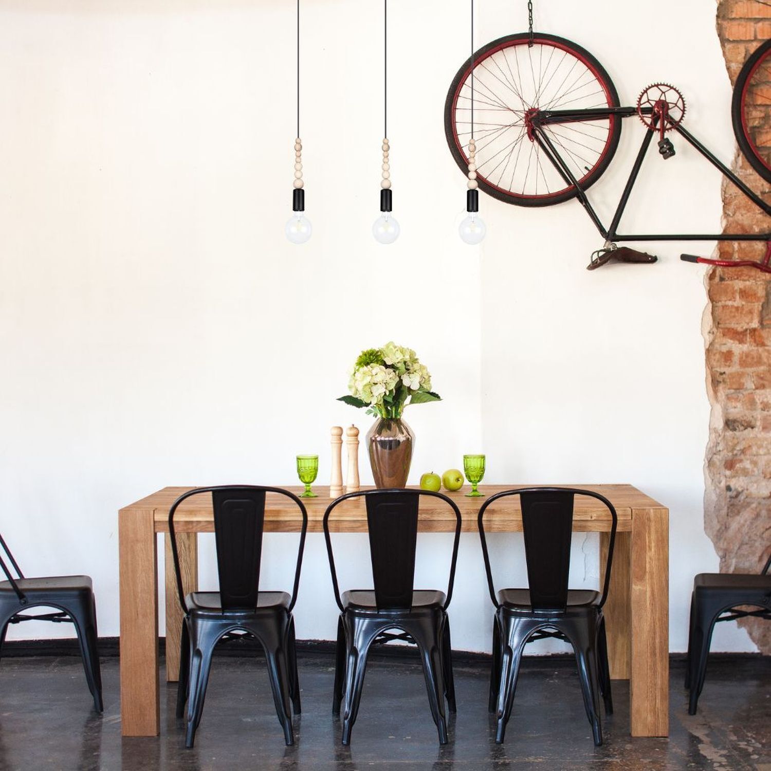 Lange Hängelampe Schwarz Holz Metall L:60 cm E27 3-flmg Speisesaal, Esstisch, Tisch, Innenarchitektur, Fußboden