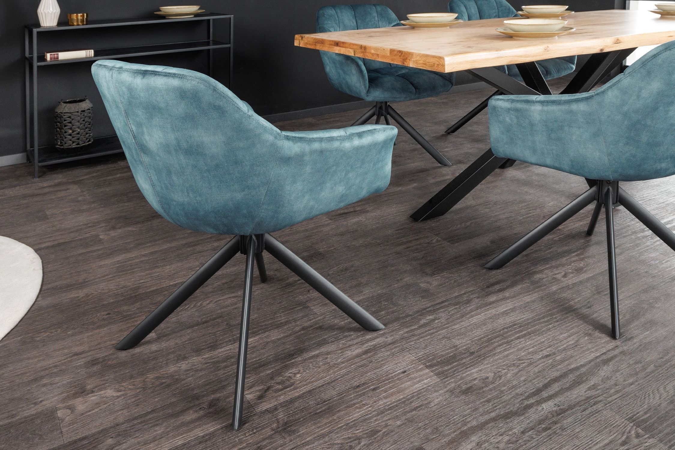 Drehstuhl Petrol Schwarz ohne Rollen aus Samt Metall Retro Fußboden, Bodenbeläge, Mobiliar, Holz, Innenarchitektur