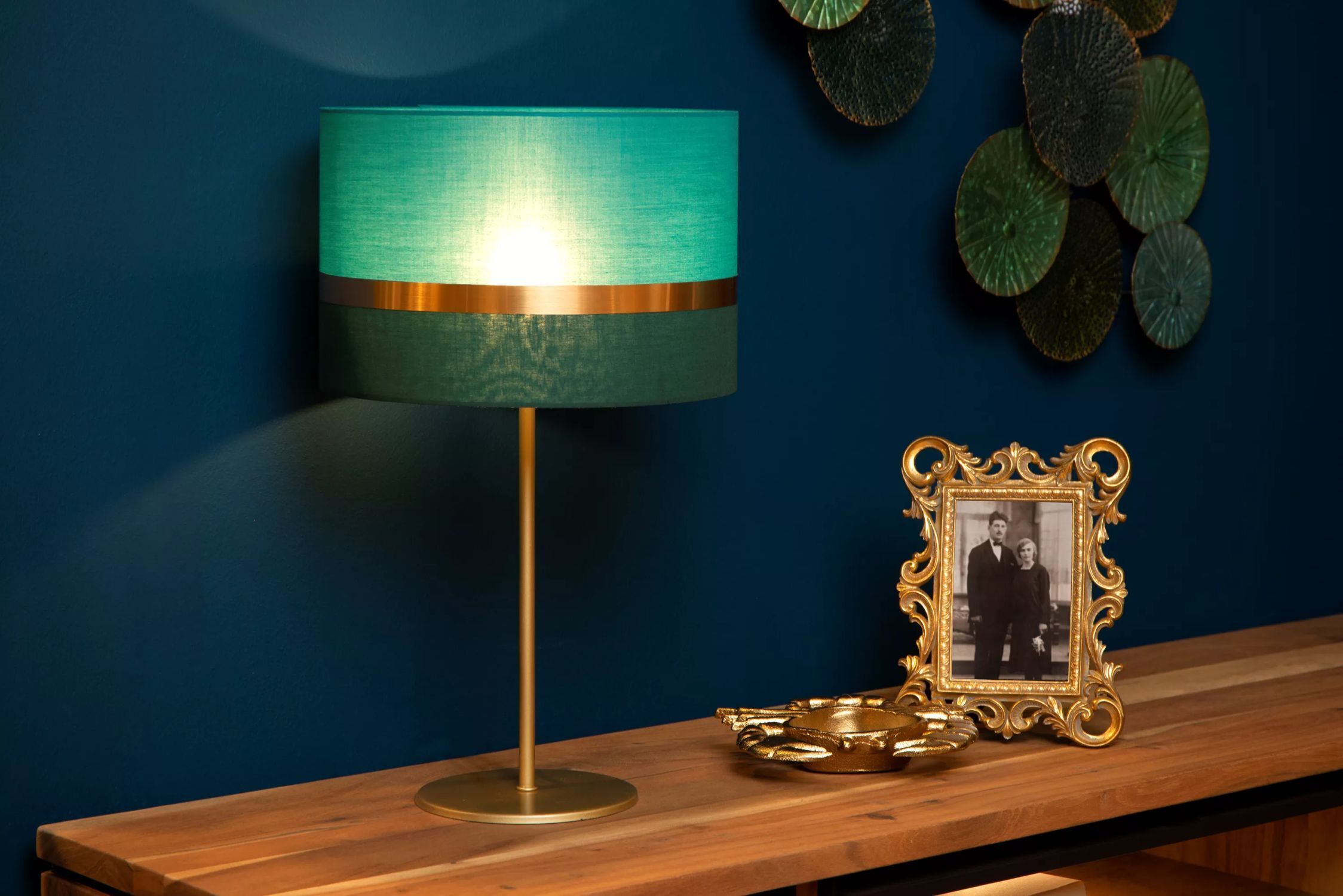 Tischlampe Stoffschirm Grün Gold 50 cm E14 blendarm Lampe, Klebeband