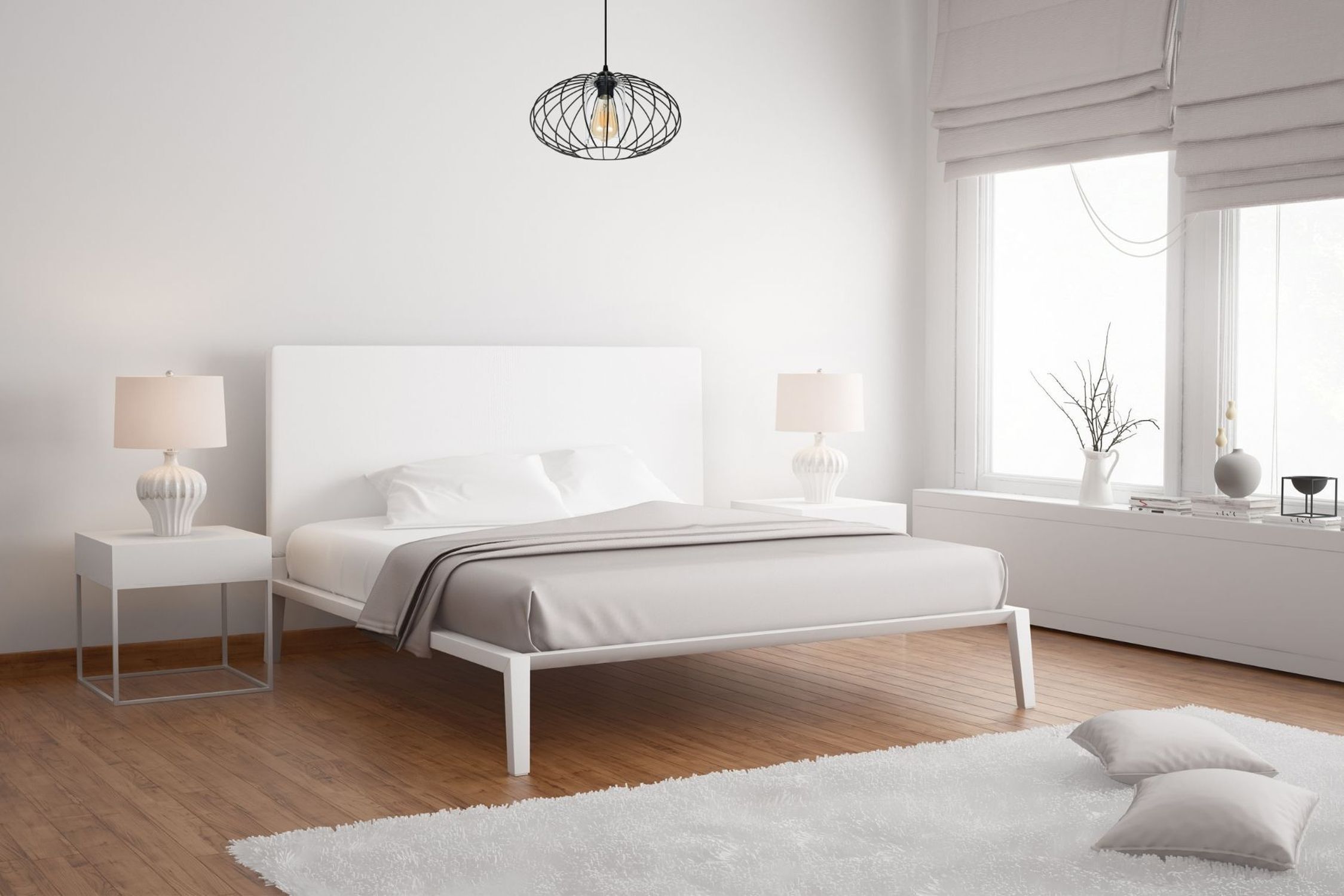 Bett, Schlafzimmer, Weiß, Holzboden, Nachttisch