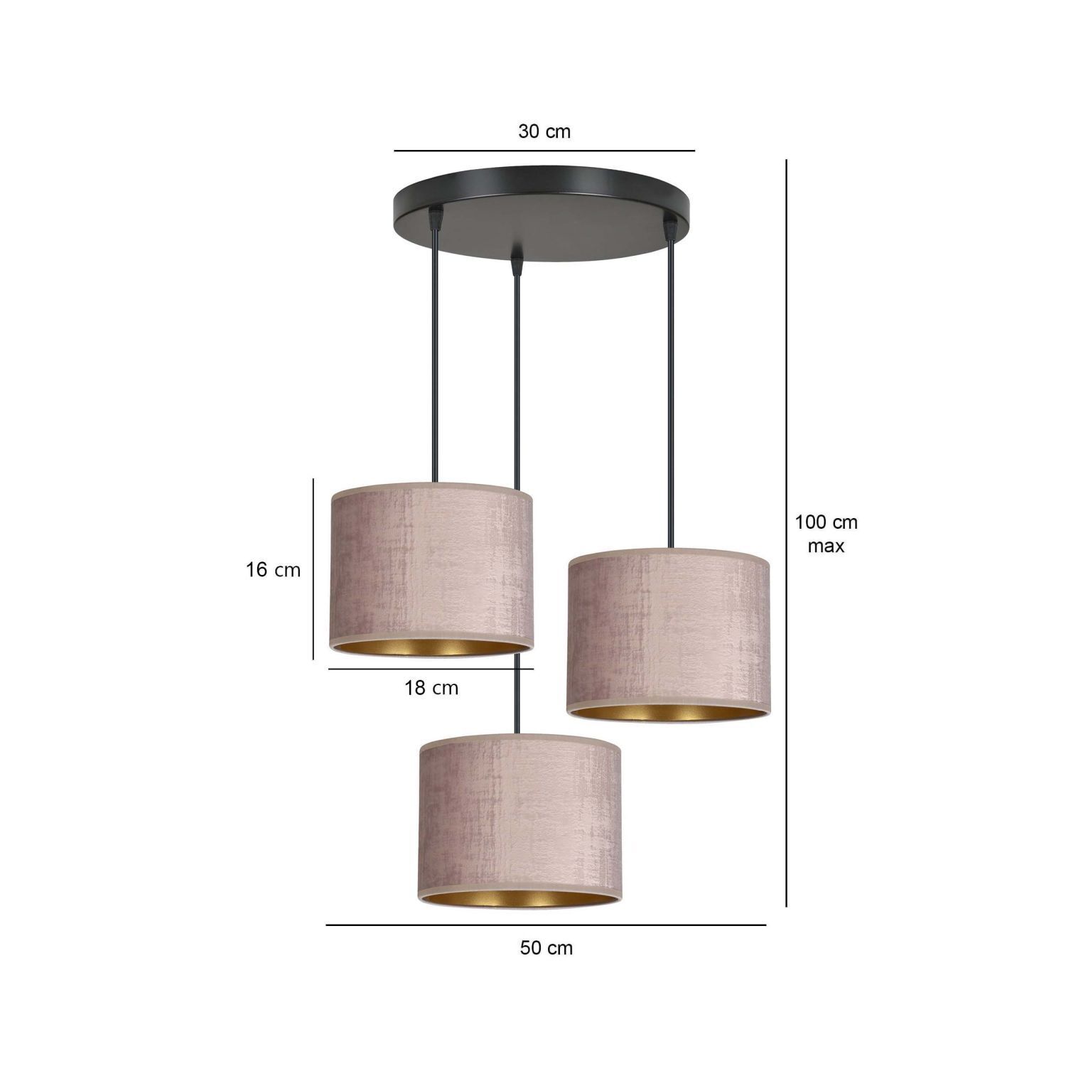 Hängeleuchte Stoff Metall Schwarz Rosa Gold 3-flammig E27 Lampe, Leuchte