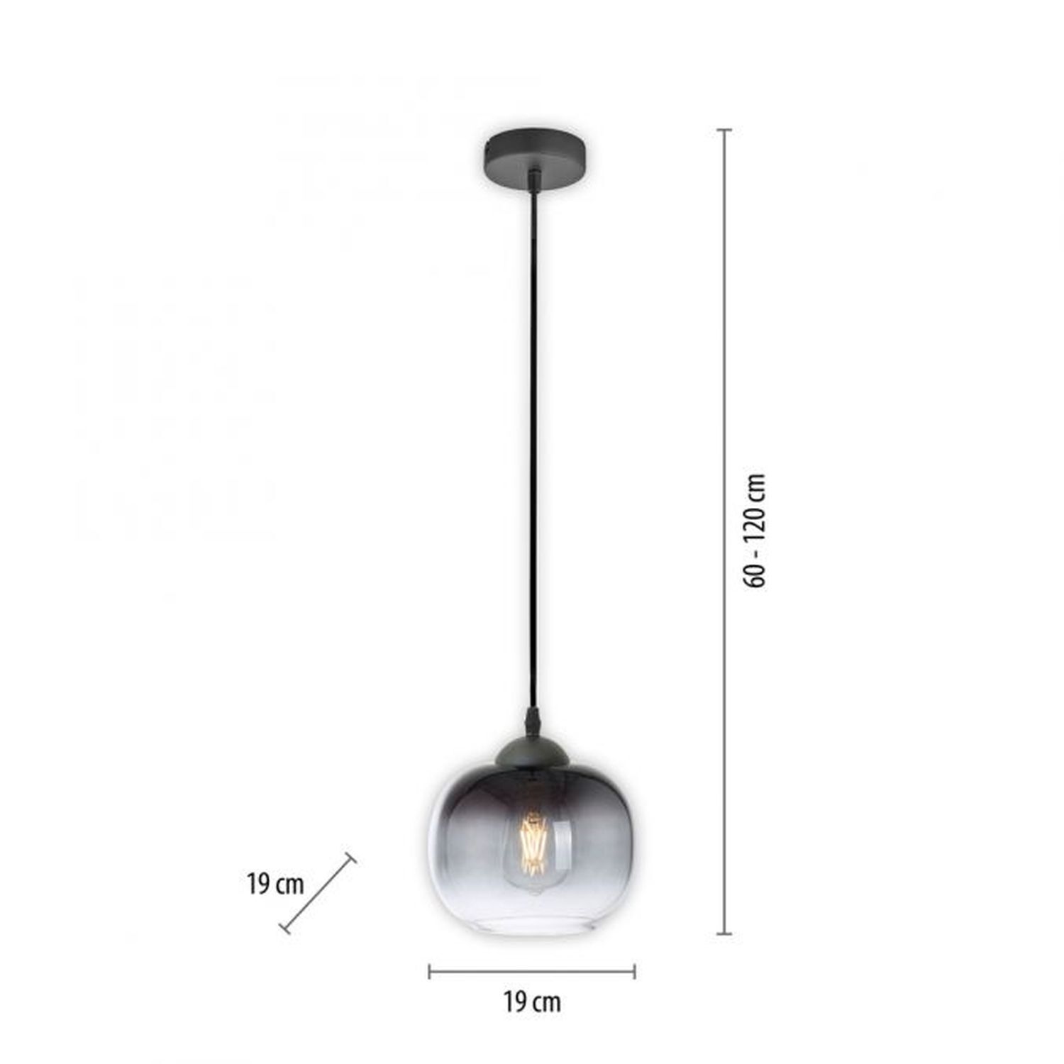 Lampe à suspendre Abat-jour en verre Gris fumé Noir E27 Ø19 cm rond Lampe, Deckenleuchte