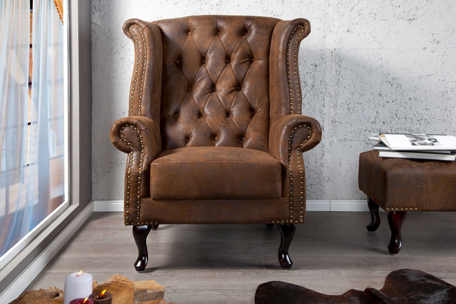 Fauteuil microfibre bois 45 cm en brun antique