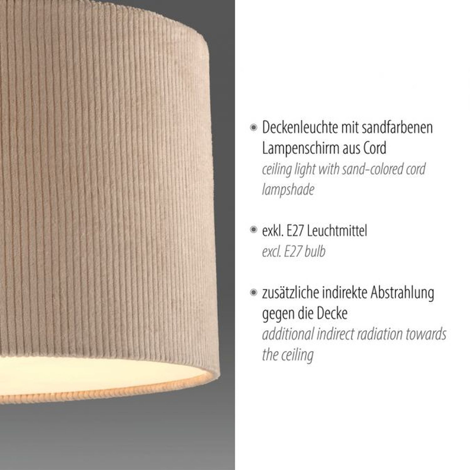 Stoff Deckenlampe blendarm Beige E27 Ø35 cm gemütlich