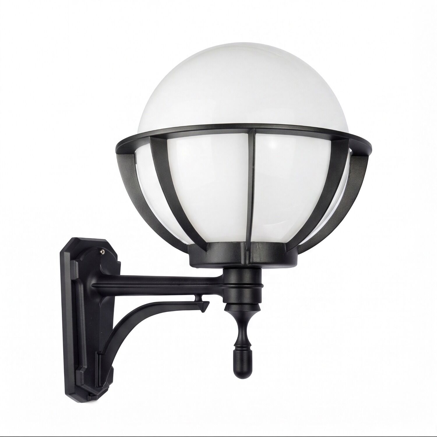 le51457-wandlampe-terrasse-balkon-eingangsbereich-aussen-metall-kunststoff-klassisch-rustikal-schwarz-weiss-02 Wandlampe, Außenleuchte, Glaskugel, Schwarze Metallfassung, Wandhalterung
