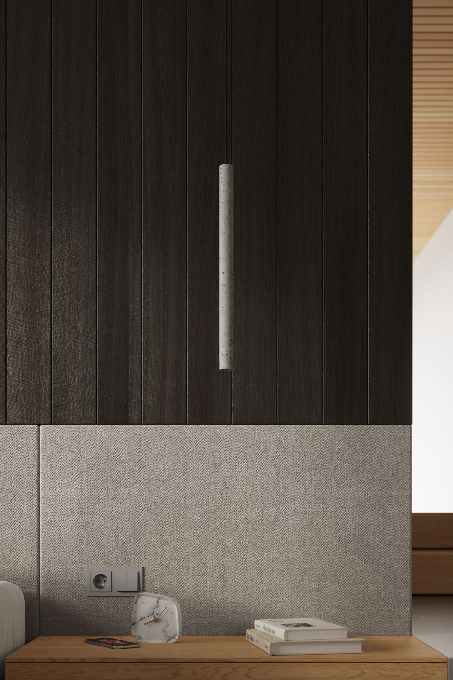 Holzverkleidung, Wandpaneel, Nachttisch, Stehlampe, Dekorationsteine