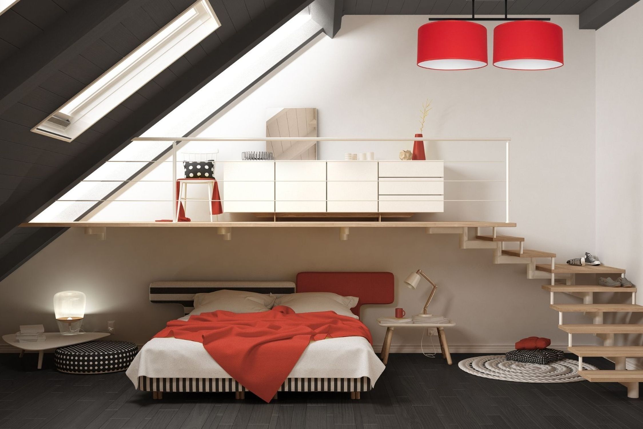 Schlafzimmer, Loft, Rote Akzente, Weiße Möbel, Treppe