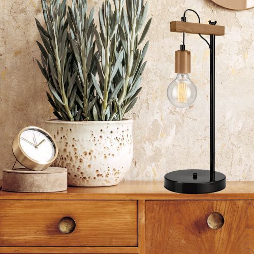 Schwarze Tischleuchte Holz 56cm vielseitig AMIDA