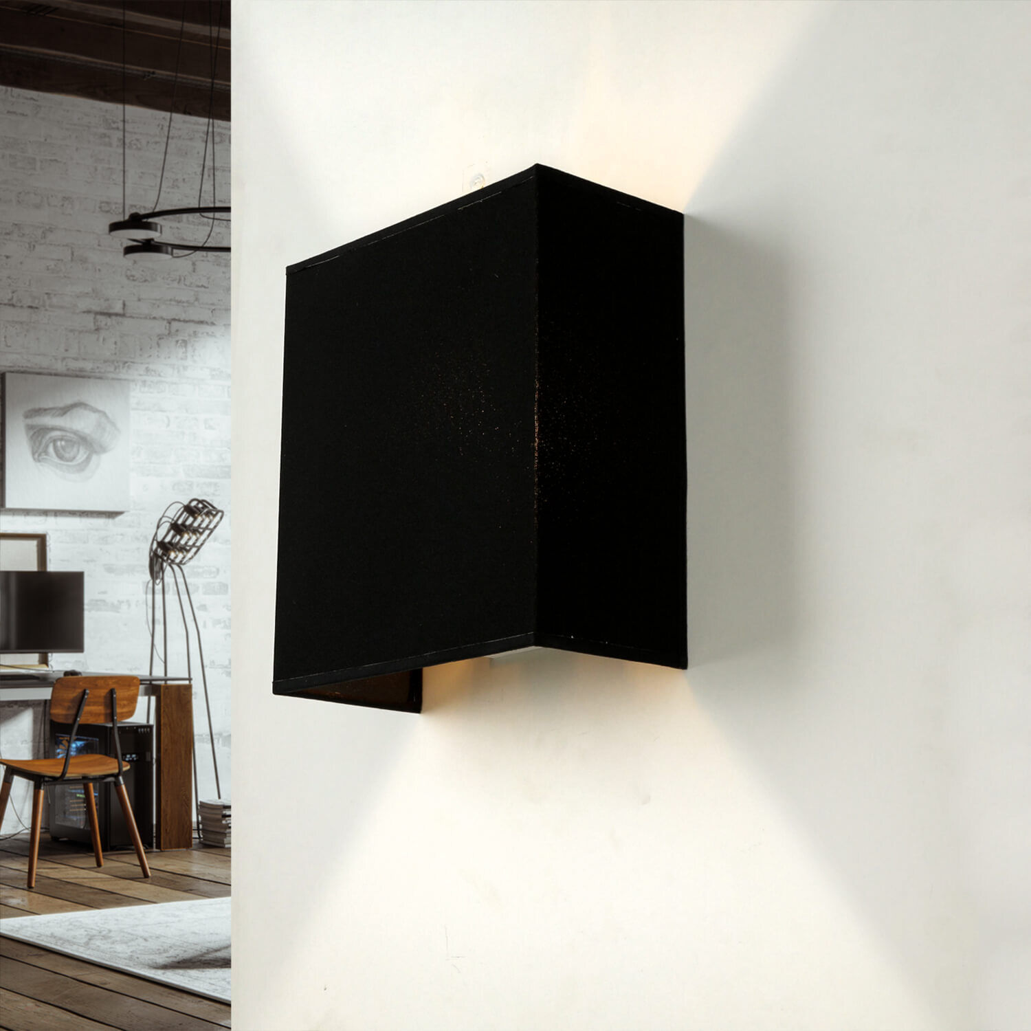 Stoff Wandleuchte Schwarz eckig E27 Loft Design ALICE Ecke, Innenarchitektur, Regal, Sprecher, Lampe