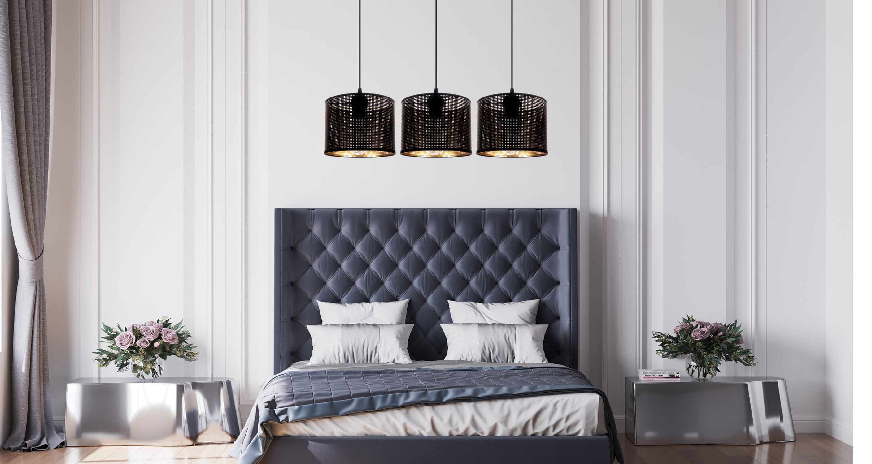 Suspension métal noir or E27 3-flmg 70 cm de long Drinnen, Innenarchitektur, Kissen, Dekoration für Zuhause, Mobiliar