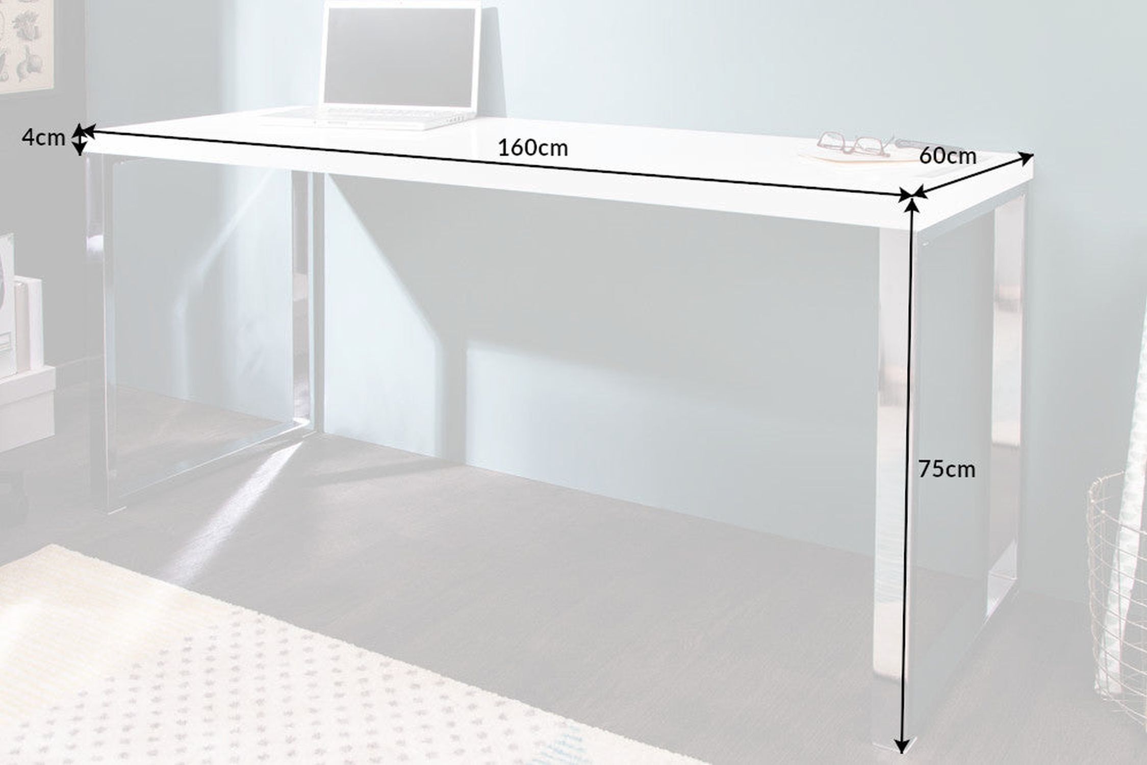 Bureau blanc brillant chromé 160 x 75 cm