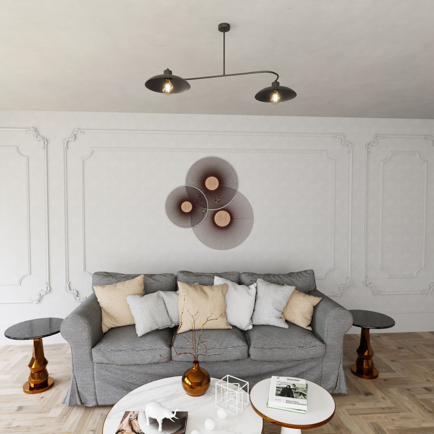 Deckenleuchte 2-flammig Schwarz Metall E27 L:100 cm Dekoration für Zuhause, Innenarchitektur, Lampe, Couch, Kissen