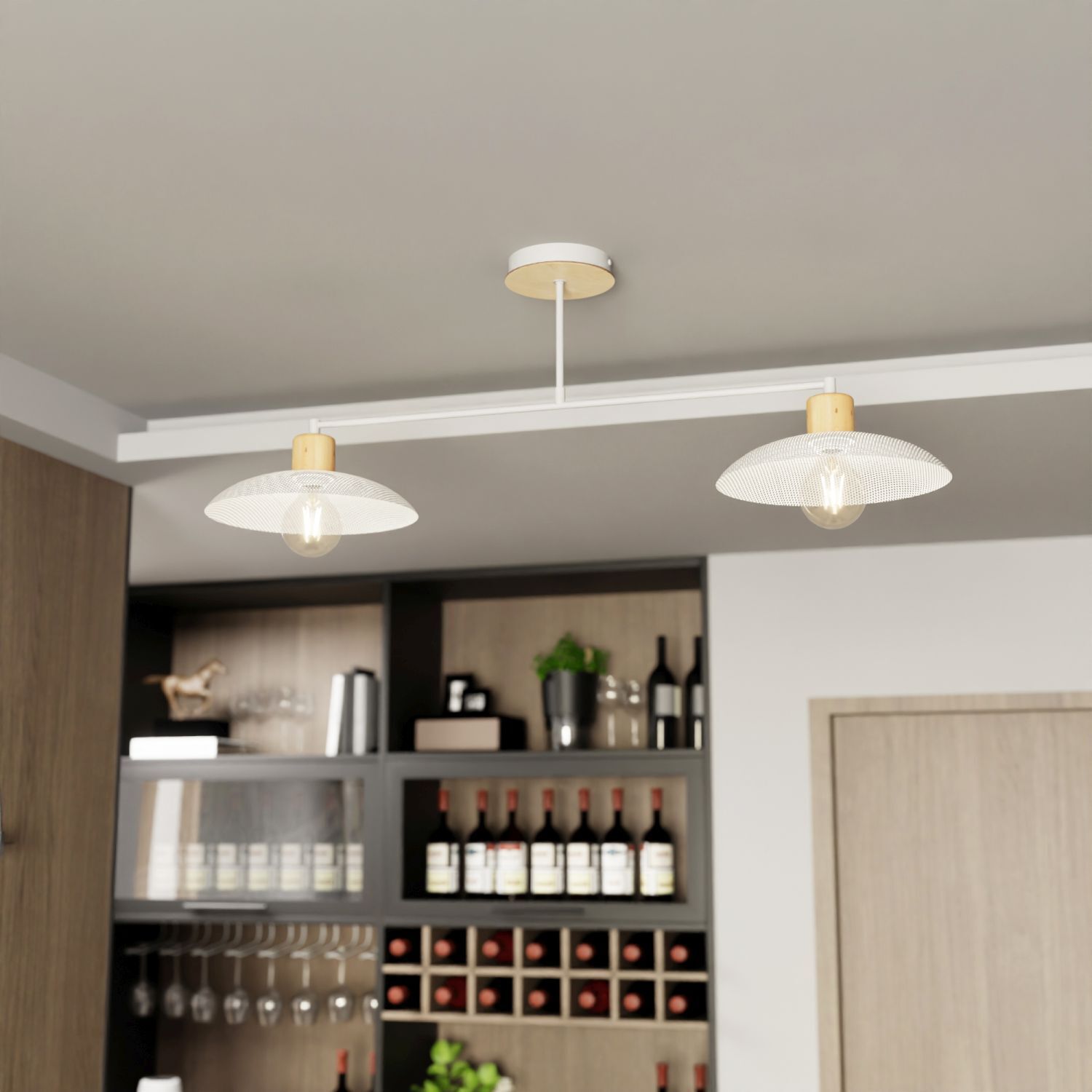 Deckenleuchte Metall 100 cm lang E27 2-flammig Weiß Holzoptik Alkohol, Getränk, Schnaps