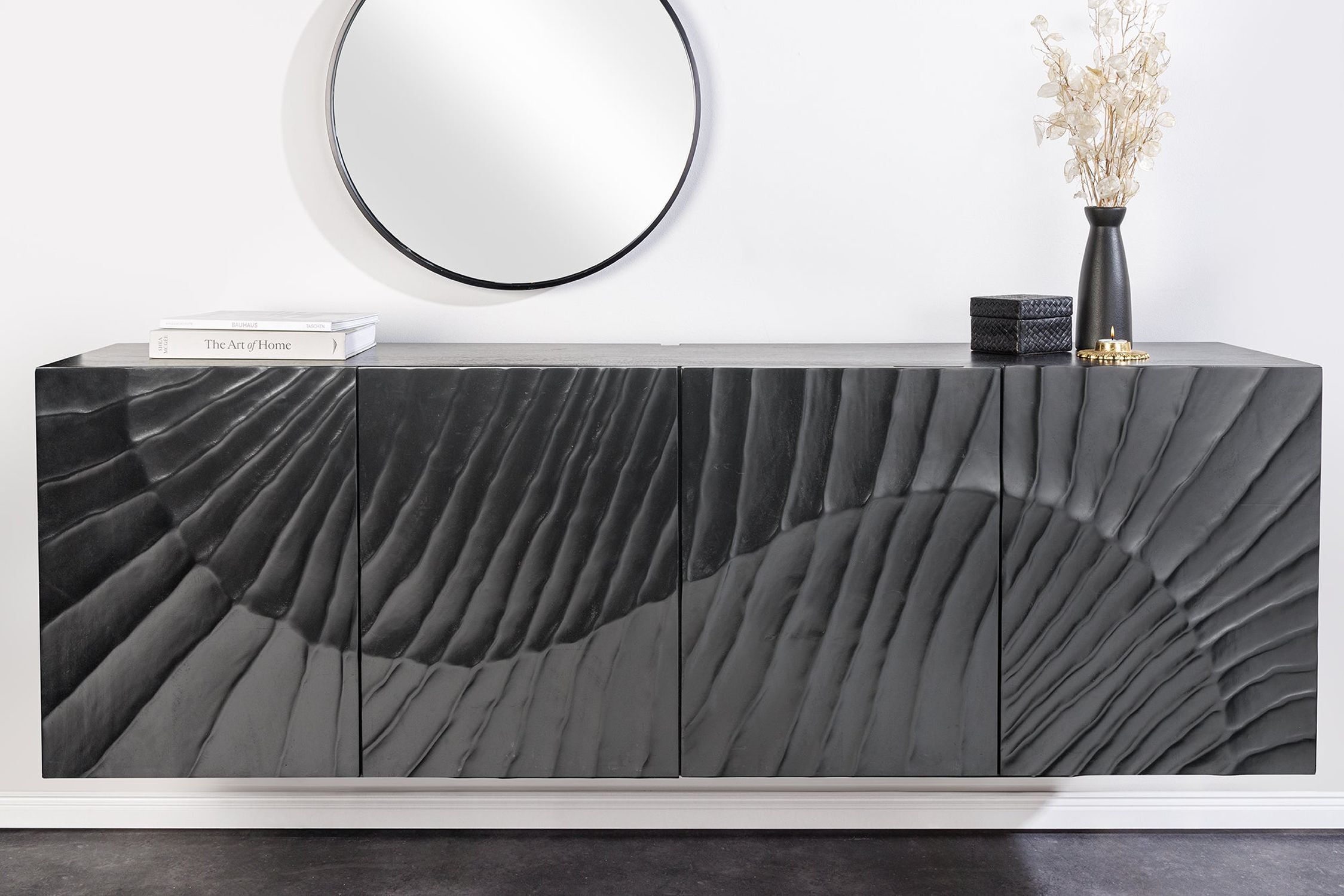 Buffet suspendu Noir Bois Largeur 177 cm Travail manuel Motif 3D