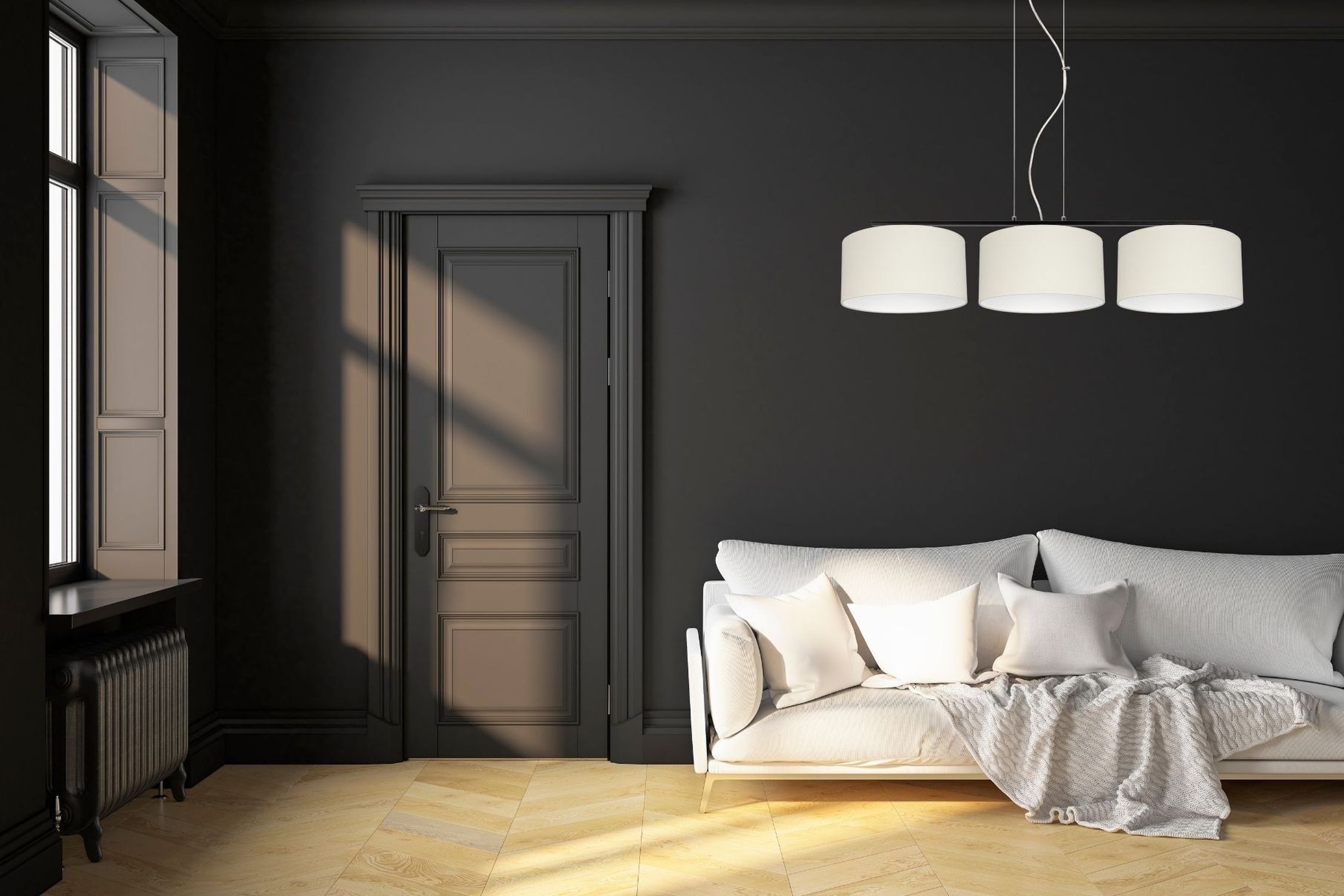 Dunkle Wand, Graues Sofa, Hängelampe, Holzboden, Wohnzimmer