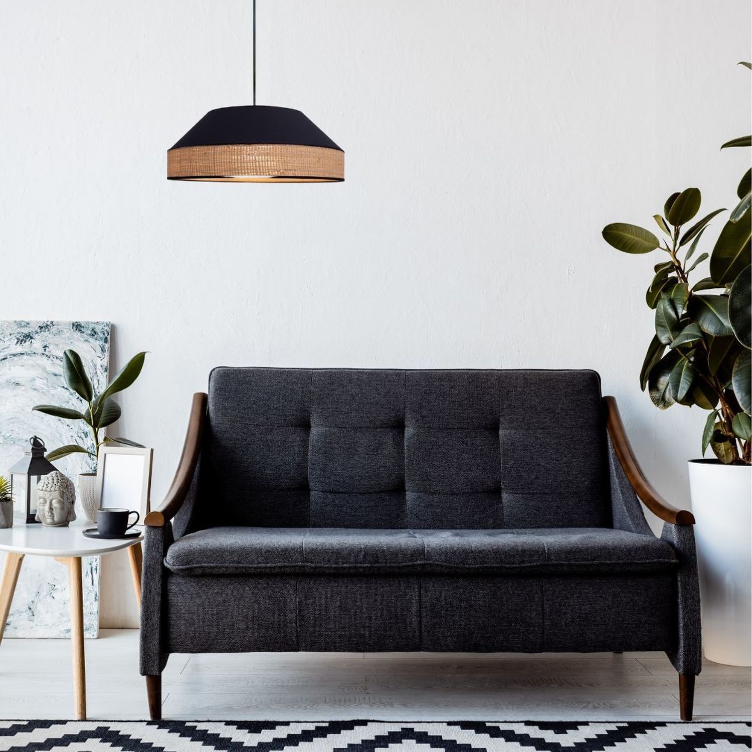 Runde Hängelampe Stoff Rattan Schwarz Natur E27 Ø45 cm sofa, couch, grau, polster, wohnzimmer