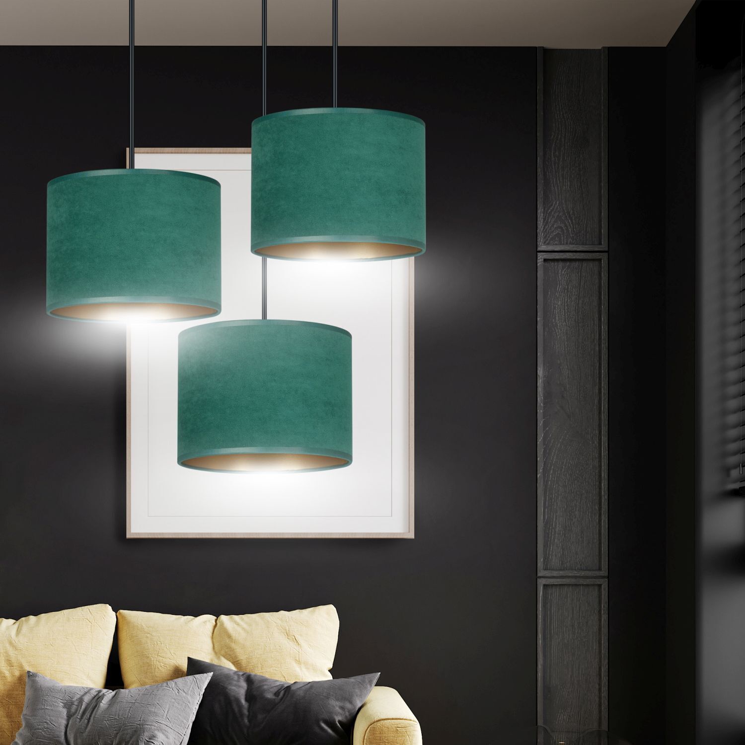 Lampe à suspendre tissu métal noir vert or E27 3-flamme