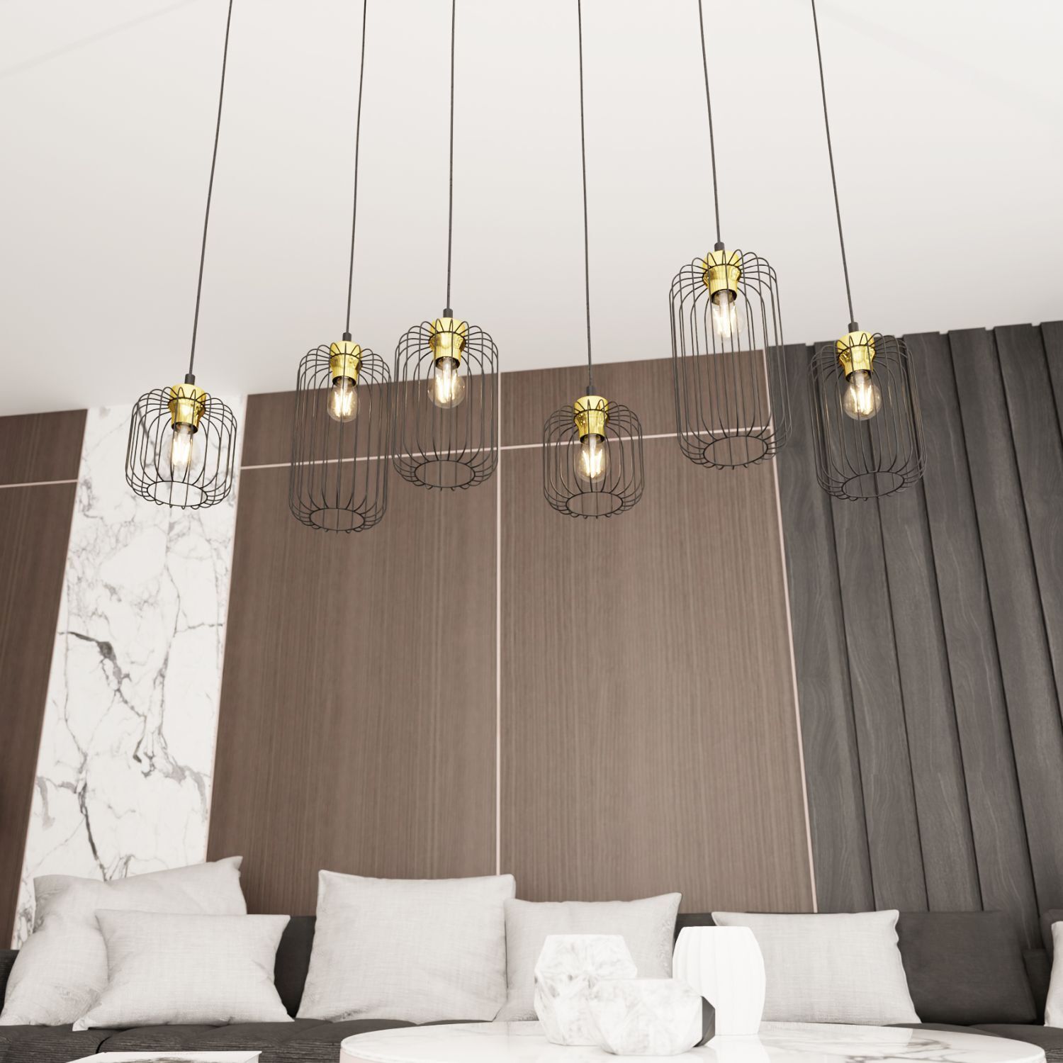 Hängelampe Metall E27 115 cm lang stilvoll Schwarz Gold pendant light, hängende lampe, drahtkäfig, gold bulb, wohnzimmer