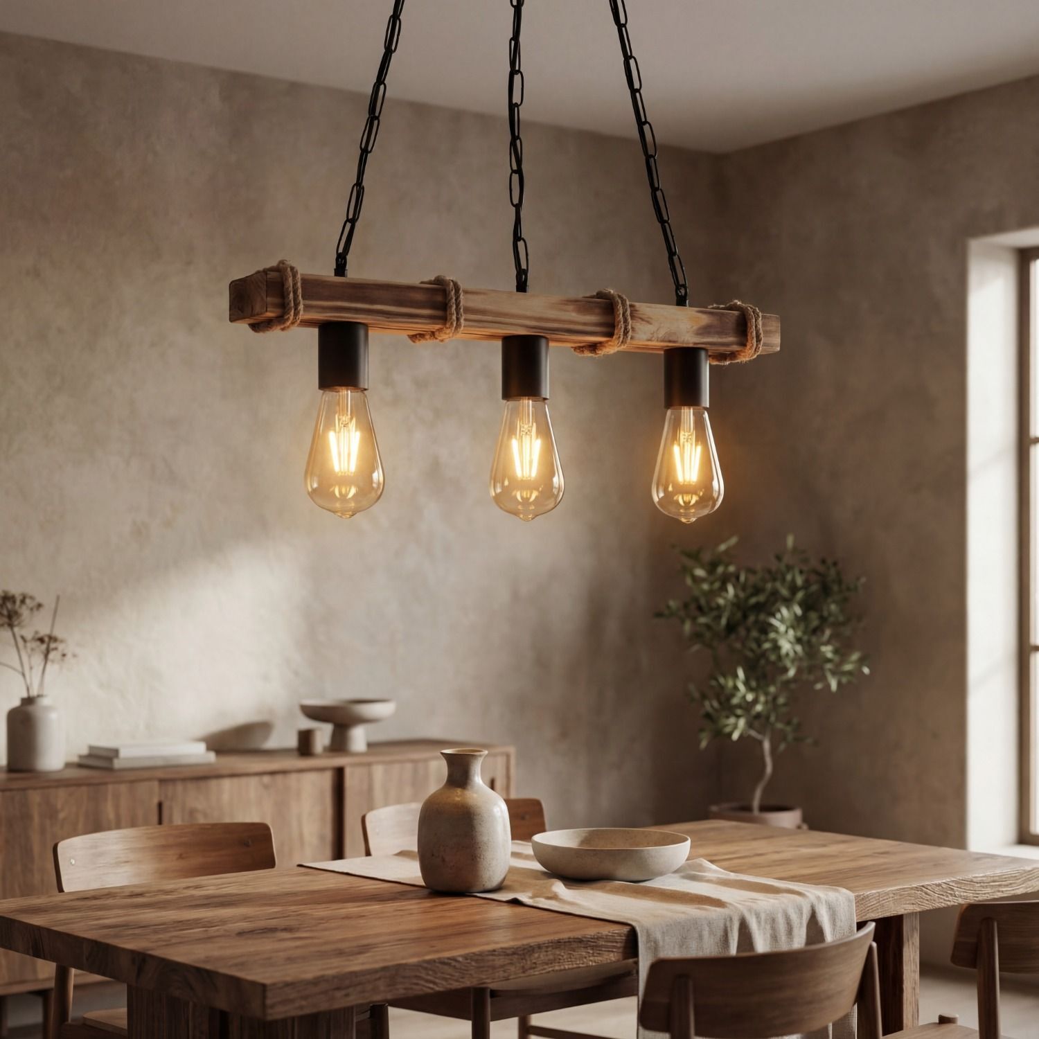 Esstisch, Holz, Pendelleuchte, Rustikales Design, Wohnzimmer