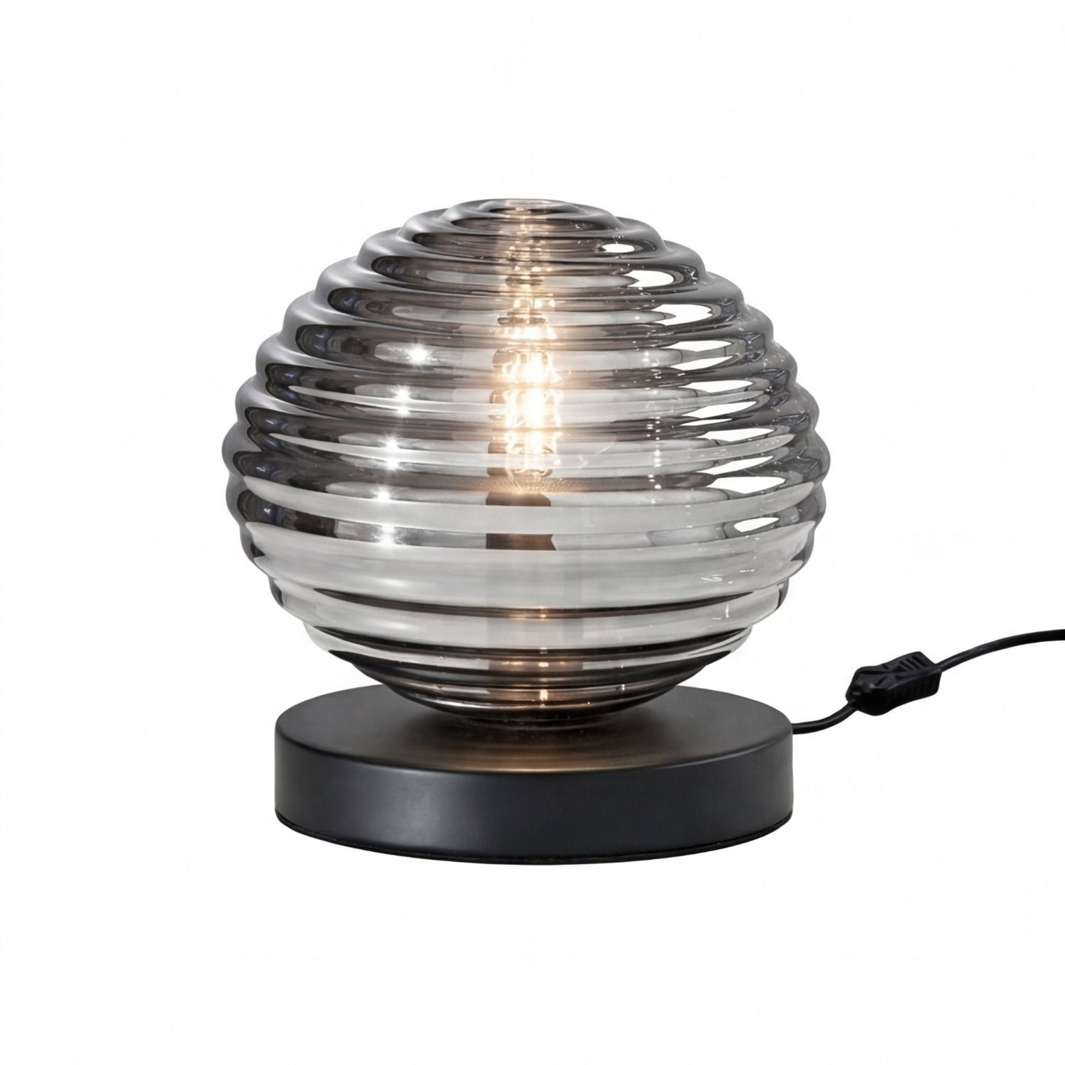 Tischlampe Rauchglas Metall Schwarz E27 16,5 cm Ø18 cm Lampenfigur, Tischlampe, Glasstruktur, Rund, Kabelanschluss