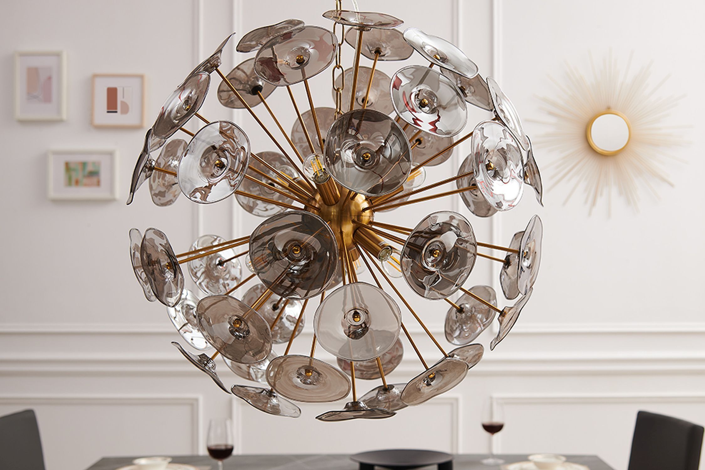 Lampen, Chandelier, Glassic spheres, Gold finish, Wohnzimmerdeko