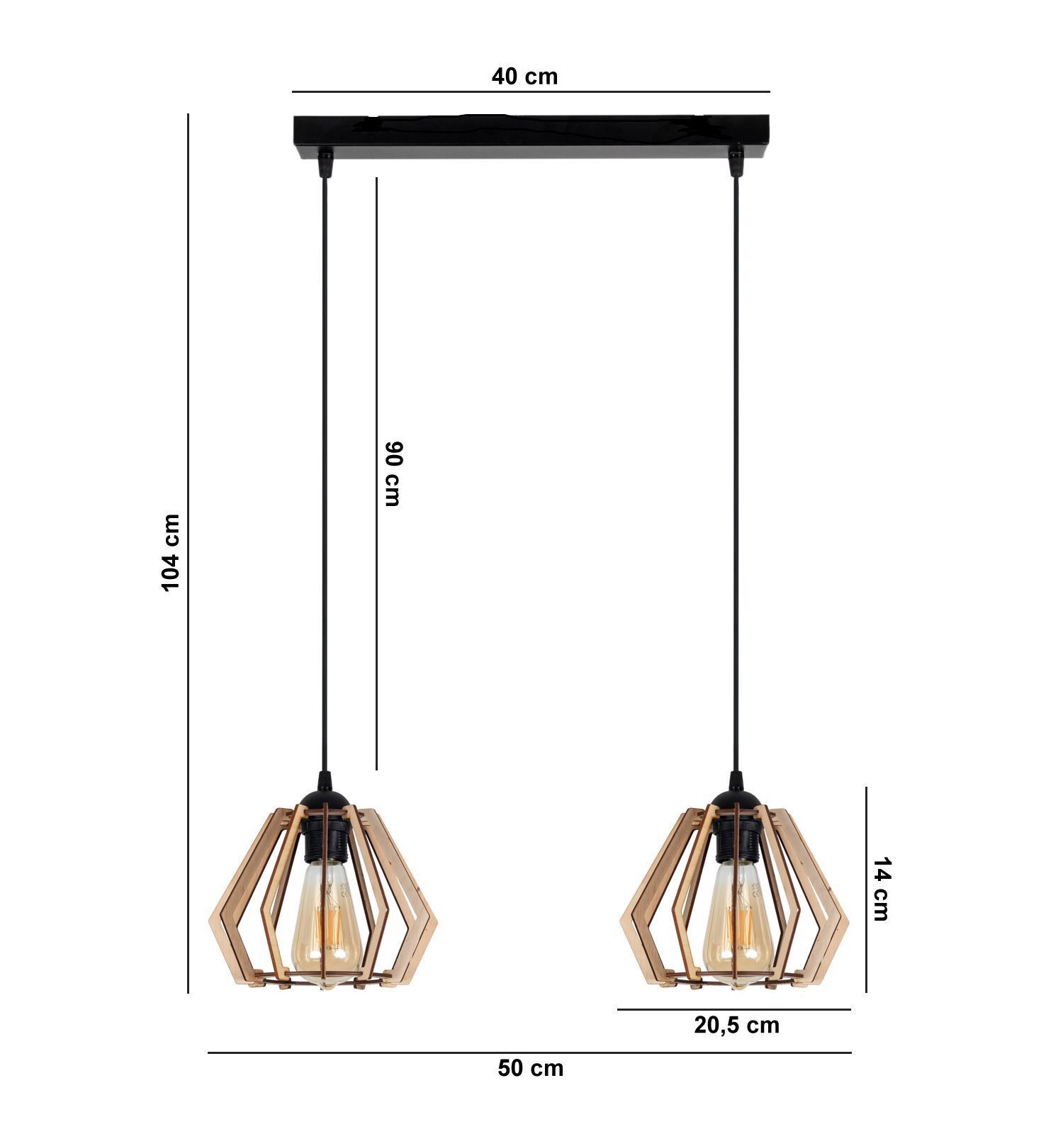 Lampe à suspendre décorative en bois E27 à 2 flammes, 50 cm de long Leuchte, Lampe