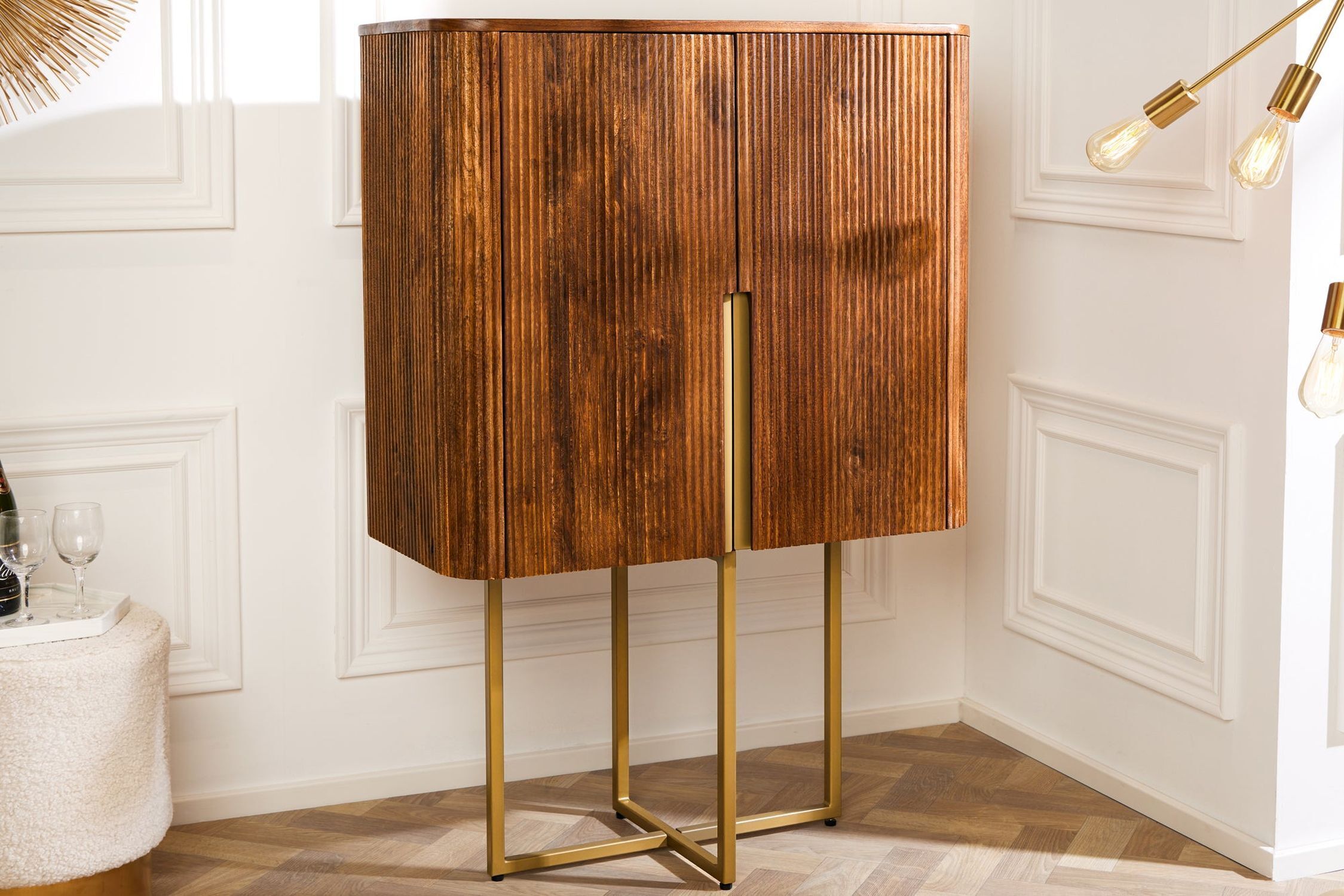 Highboard bois métal 80 x 125 cm Art Déco Design à lamelles Hartholz, Holz, Lampe, Innenarchitektur, Gebeiztes Holz