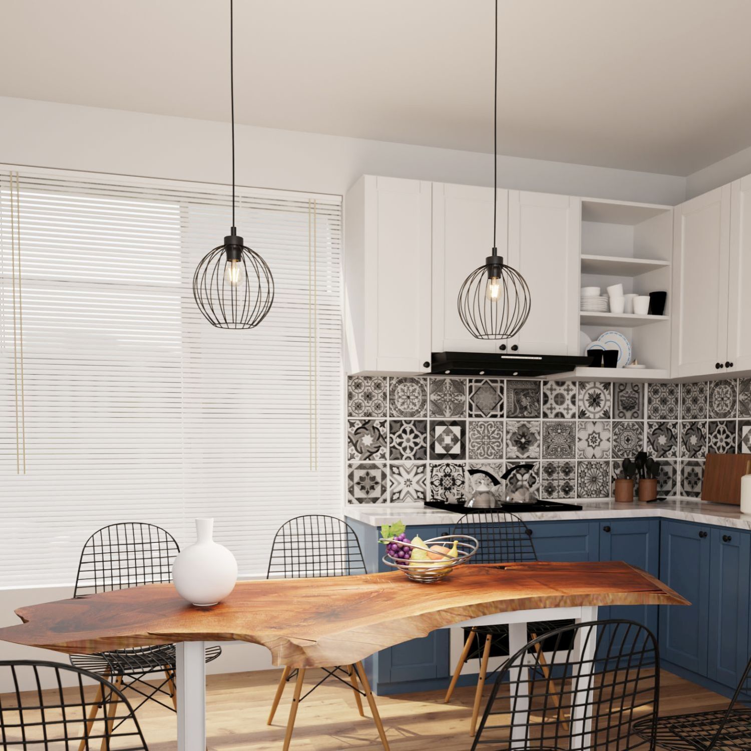 Runde Hängelampe Schwarz Metall E27 Ø24 cm Drahtschirm kitchen, kitchen table, console table, stuhlreihe, küche tile backsplash