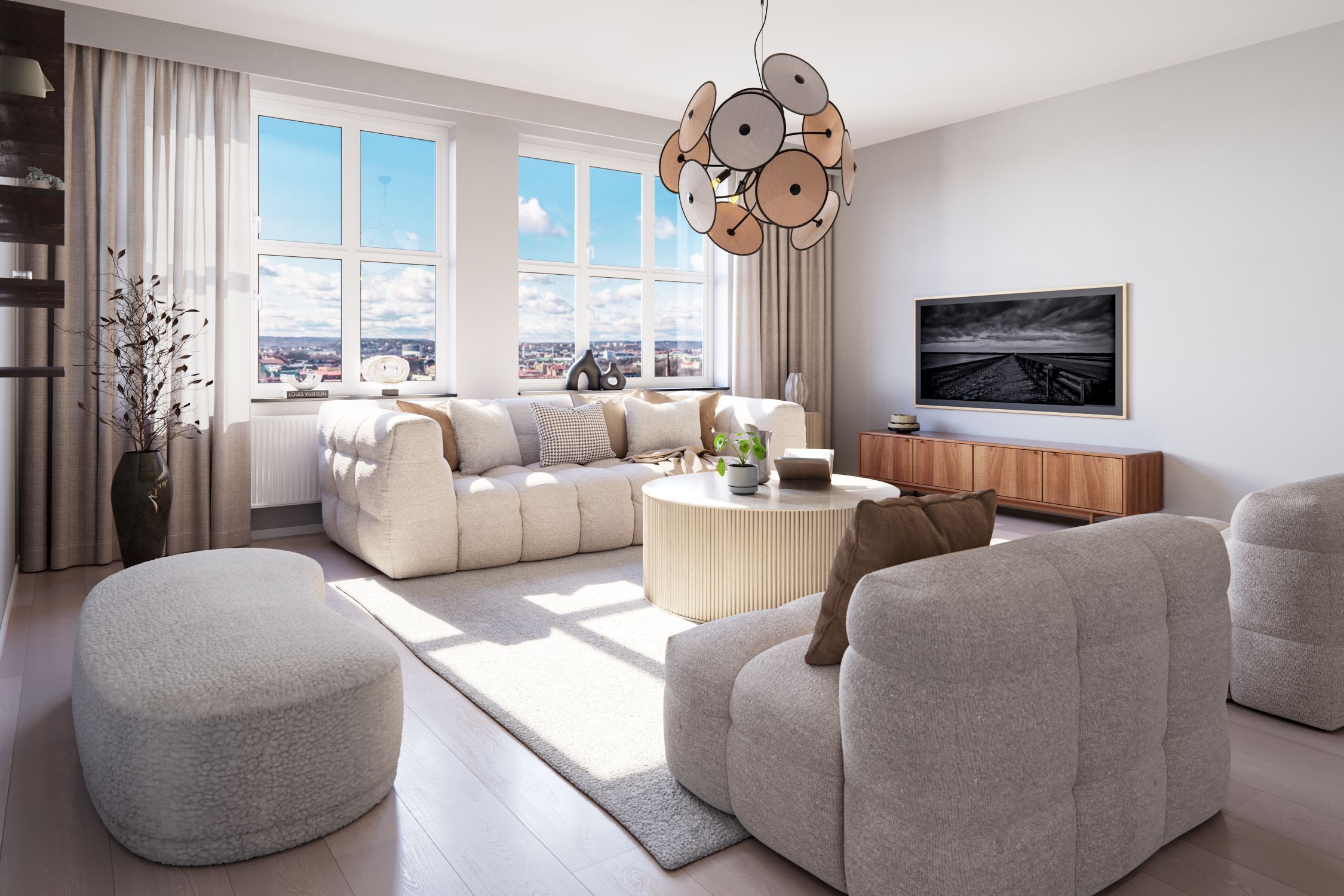 Wohnzimmer, Sofa, Couchtisch, Fernseher, Lampenschirm