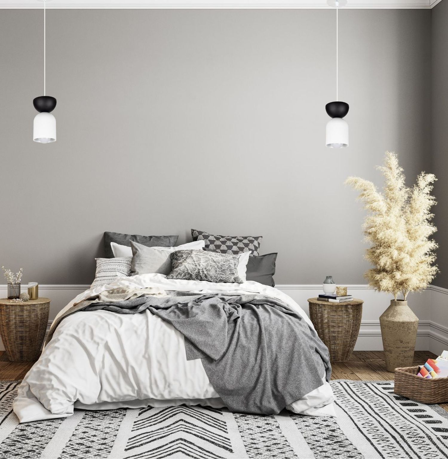 bett, schlafzimmer, grau, leinen, teppich