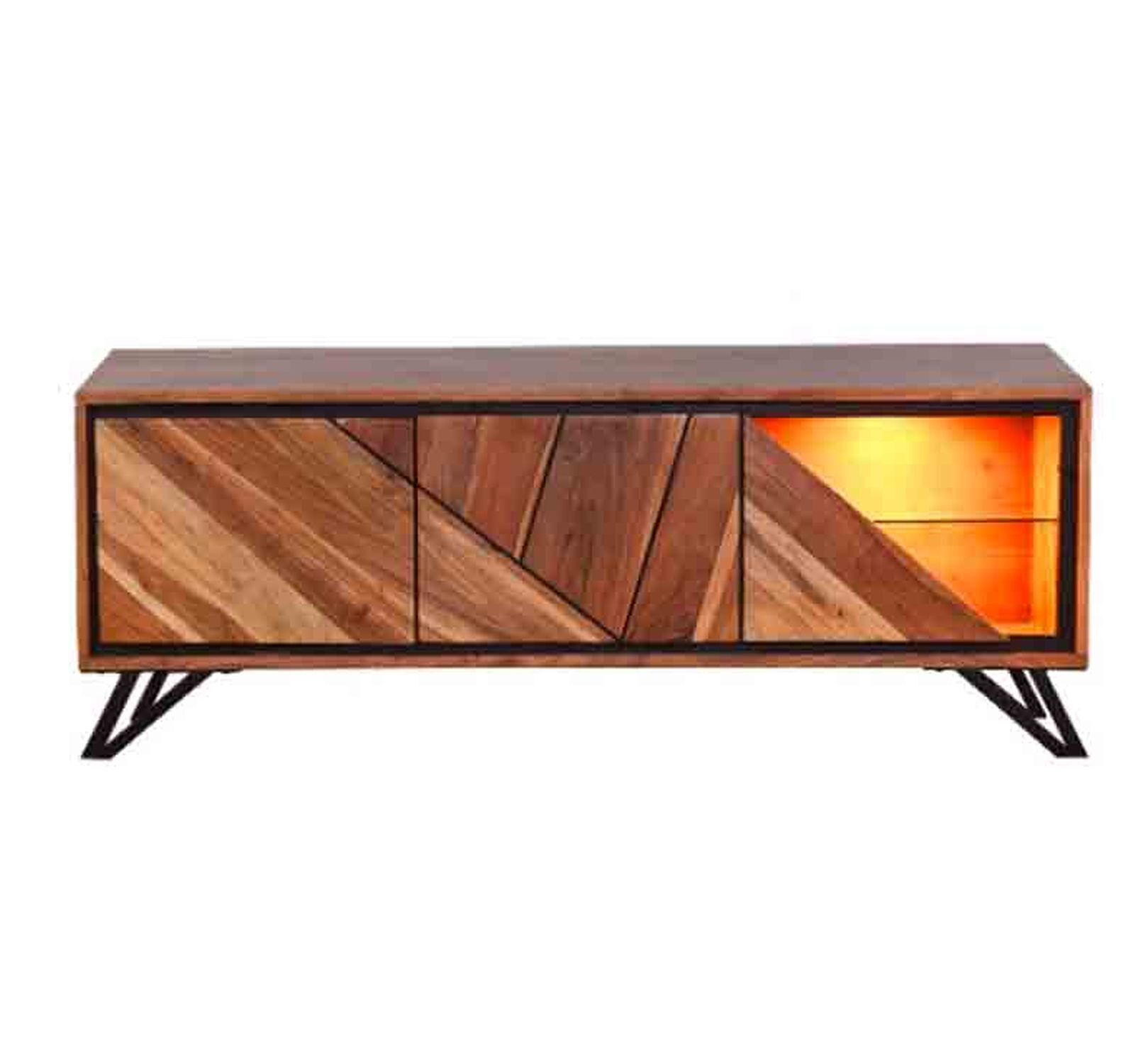 TV lowboard moderne avec éclairage 150 cm bois verre métal