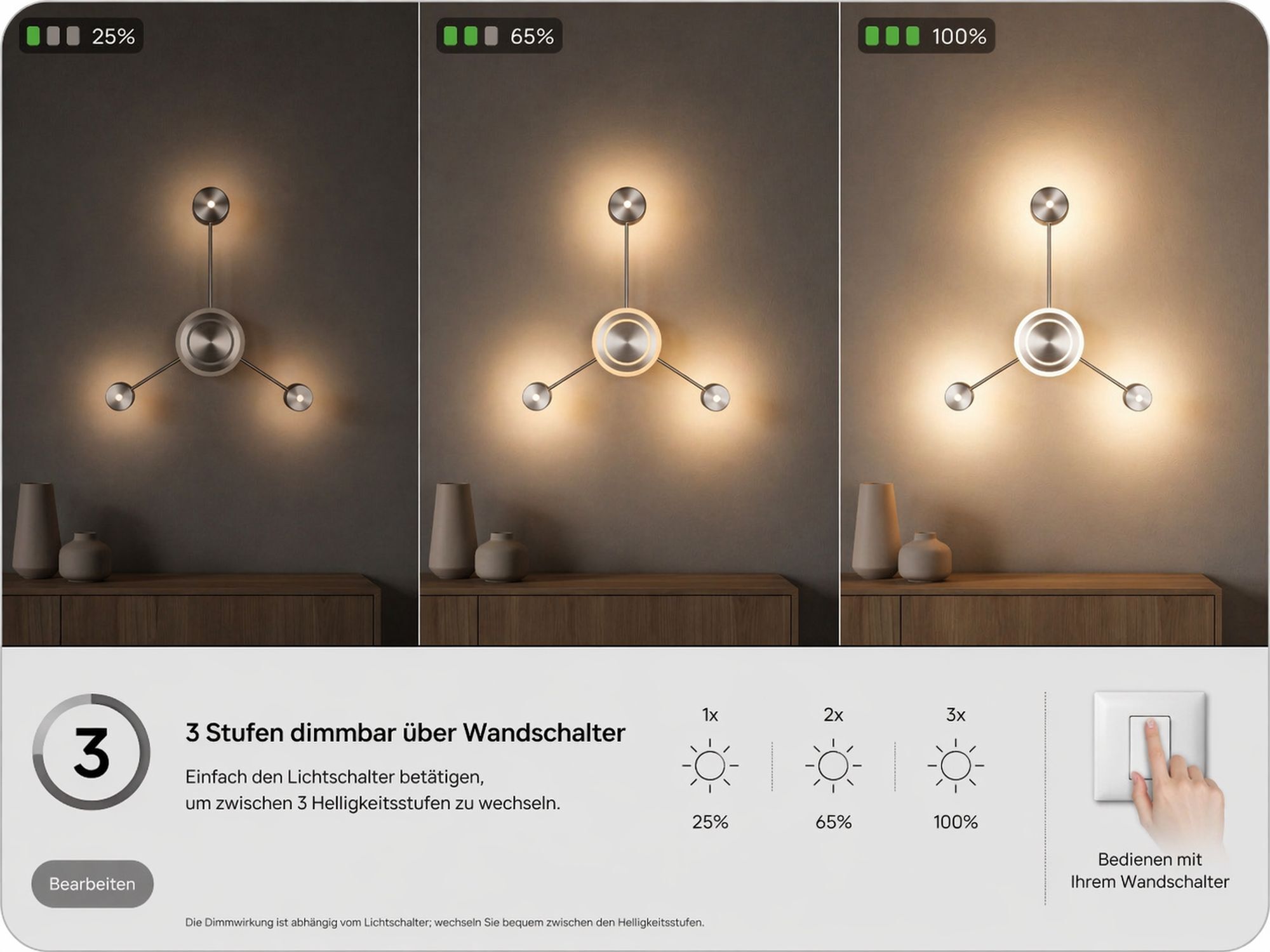 wandlampe, deckenlampe, kugelarm, metallisch, warmweißlicht