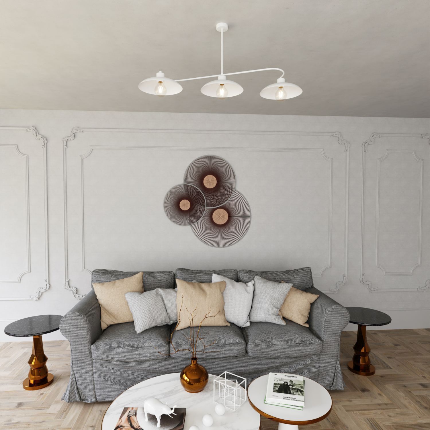 Weiße Deckenlampe 3-flammig Zeitlos E27 L:113 cm Metall sofa, couch, wohnzimmer, grau, wanddeko