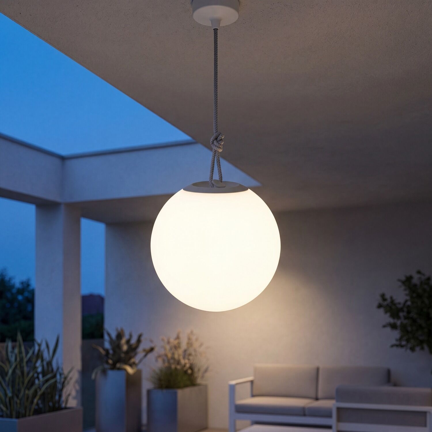 le126709-pendelleuchte-terrasse-garten-aussen-kunststoff-stoff-modern-weiss-grau-01 hängende lampe, globus lampe, außenbereich, ballförmige leuchte, rope suspension