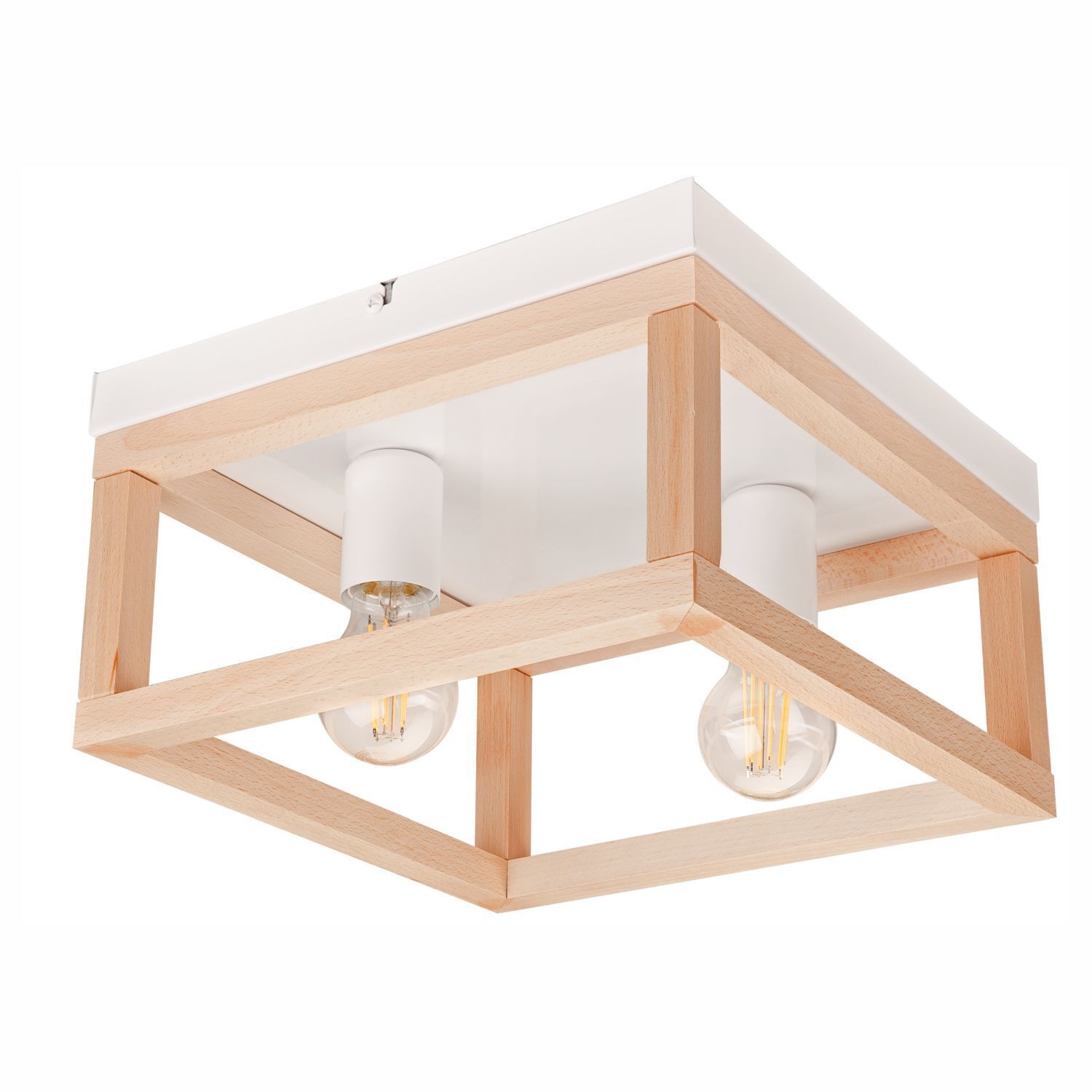 Deckenleuchte Holz Metall B: 30 cm eckig Natur Weiß 2x E27