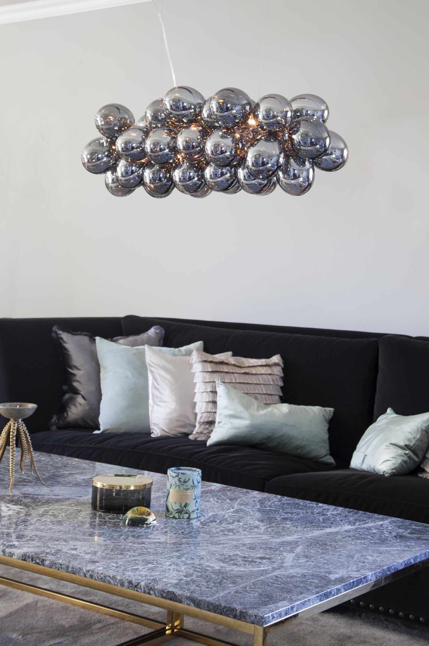 Pendelleuchte Metall Rauchglas L: 80 cm H: max. 120 cm 8x G9 essenswert, lampe, deko, wohnzimmer, kugelpendel