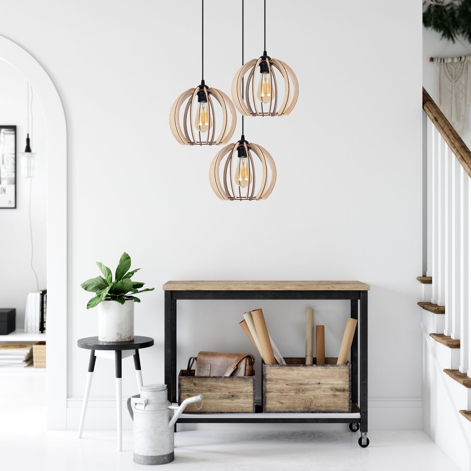 Suspension noire bois métal 3-flmg E27 L:40 cm Drinnen, Innenarchitektur, Pflanze, Lampe