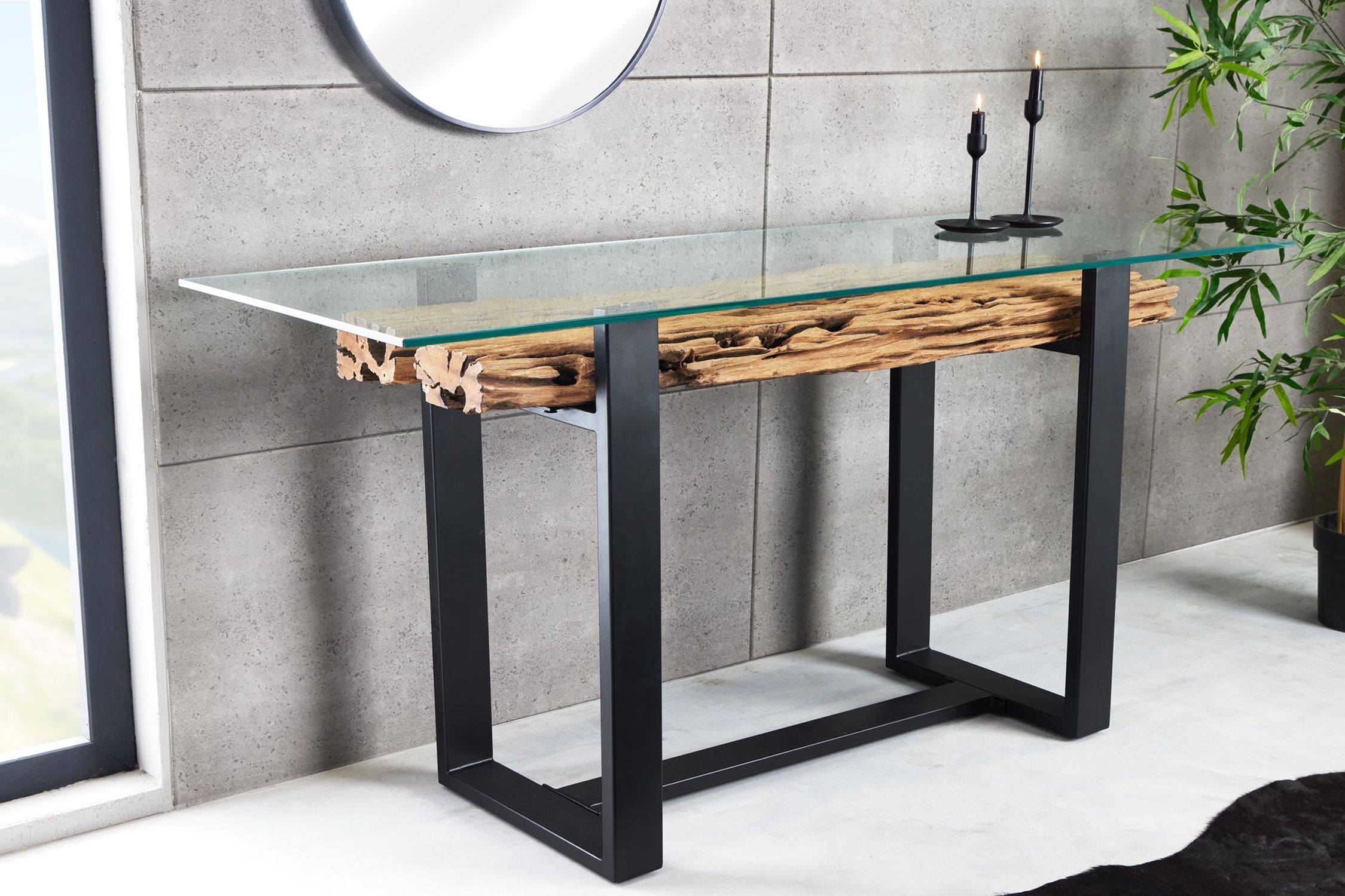 Konsolentisch recyceltem Teakholz Hartglas Edelstahl 150 cm Moebel, Tabelle, Schreibtisch, Tischplatte