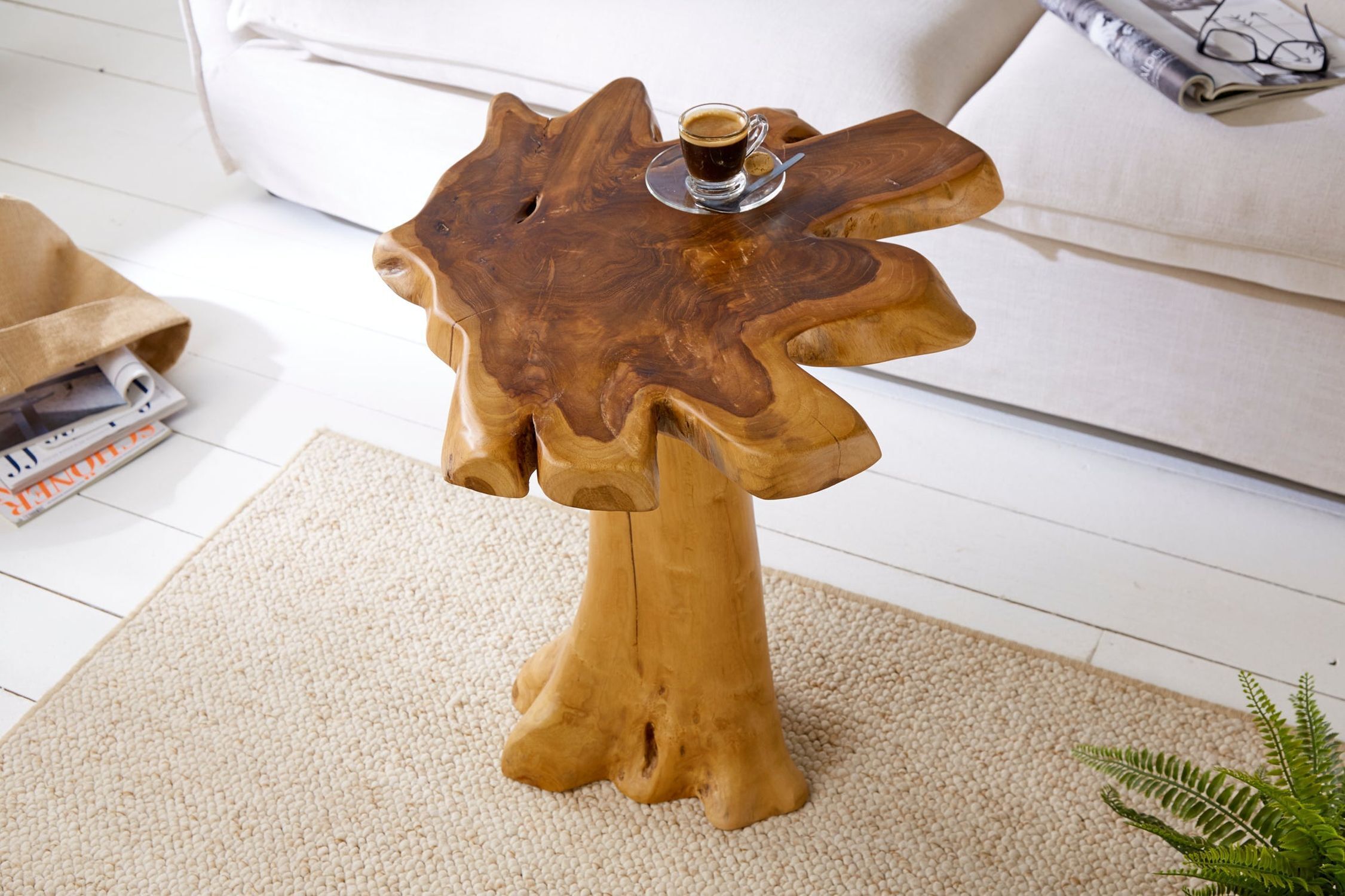 Table d'appoint en teck 50x50 cm travail manuel tranche d'arbre Tabelle, Holz, Tischplatte, Hartholz, Gebeiztes Holz