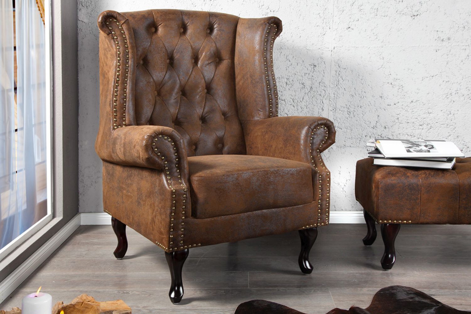 Fauteuil microfibre bois 45 cm en brun antique