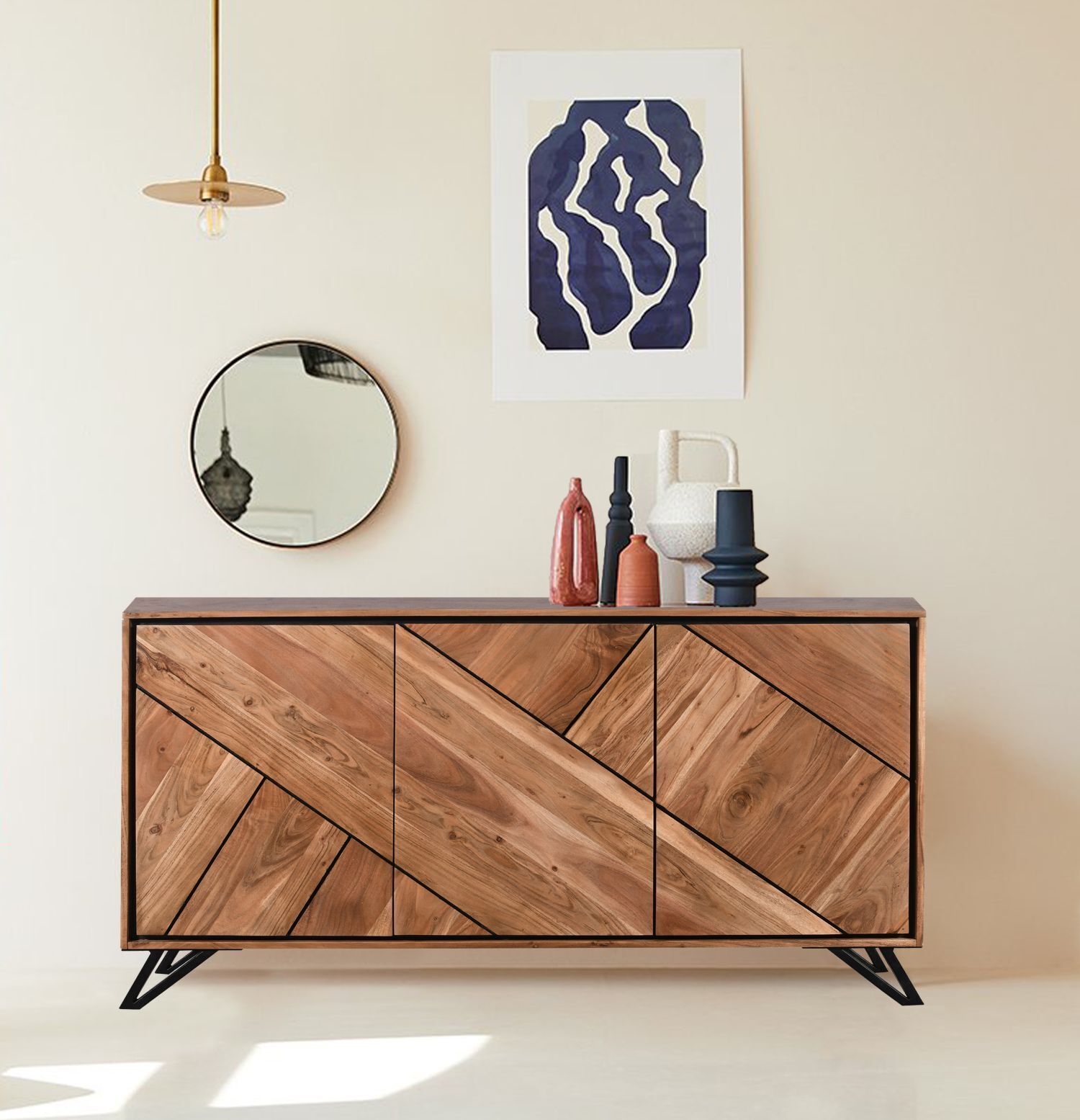 Sideboard 180 cm breit Holz Metall 3 Türen Modern Moebel, Anrichte, Drinnen, Innenarchitektur, Kabinett