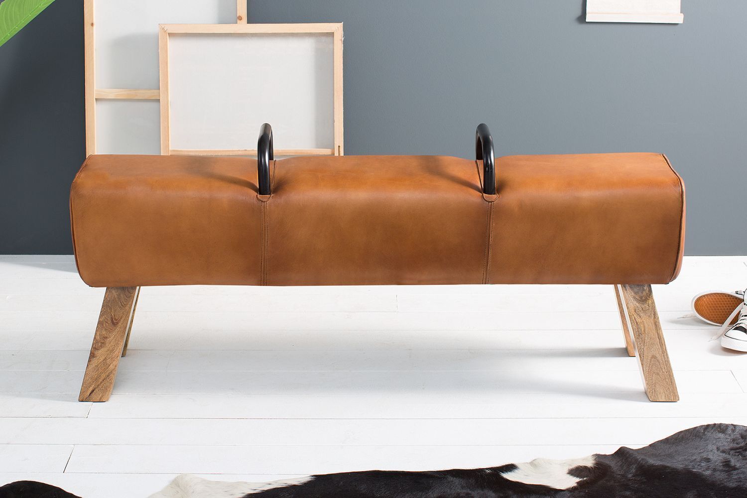 Banc cuir véritable bois massif 120 cm en brun naturel