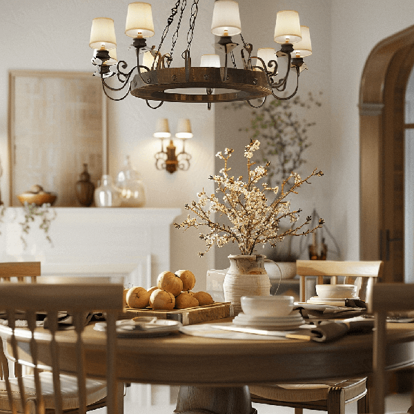 Rustikale Lampen Esstisch, Holztisch, Vase, Blumenzweige, Tafeldeko