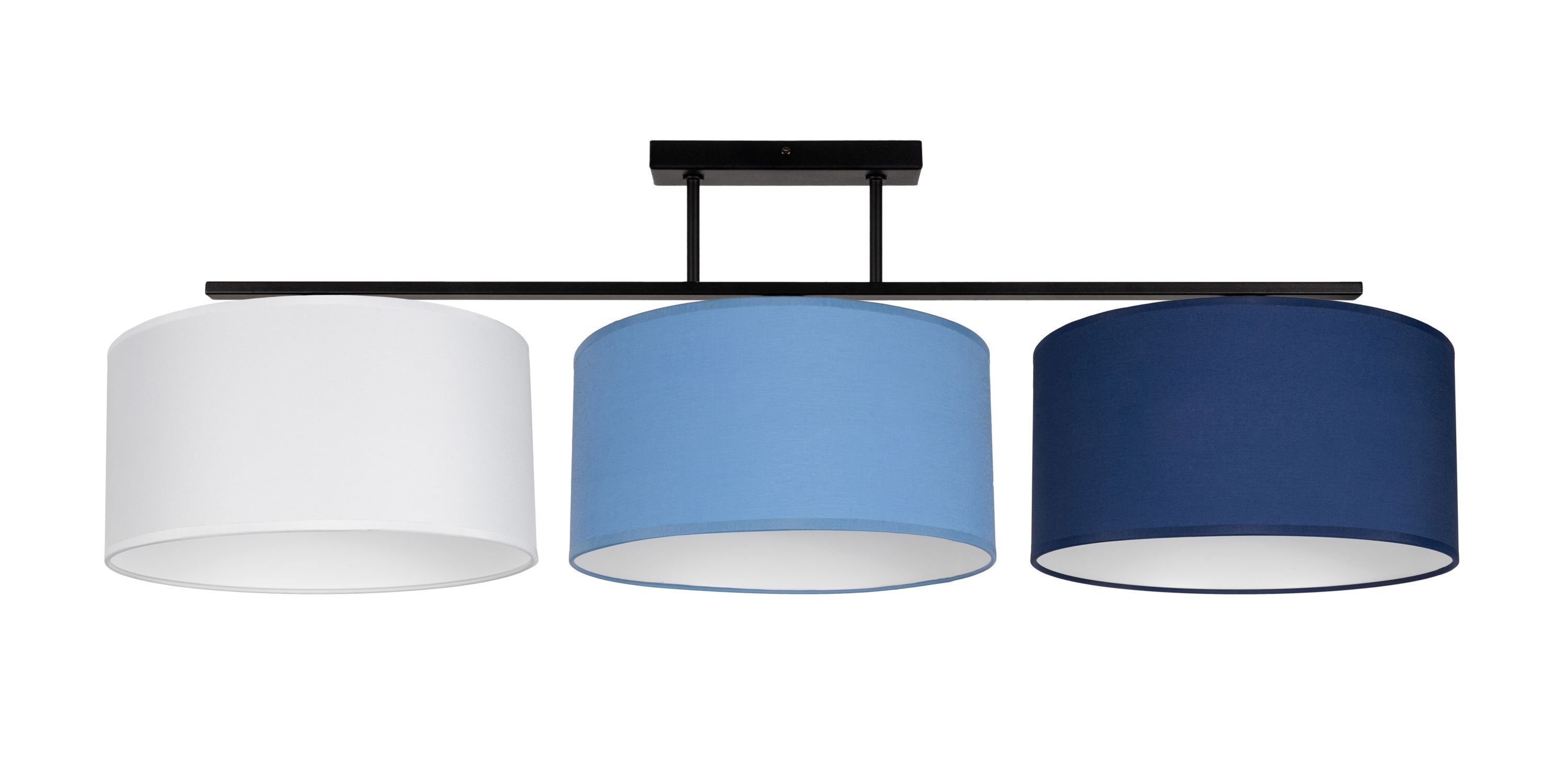 Wohnliche Deckenleuchte Stoff Weiß Blau E27 L:100 cm deckenlampe, pendel, drei lampenschirme, farben blau, metallic schwarz