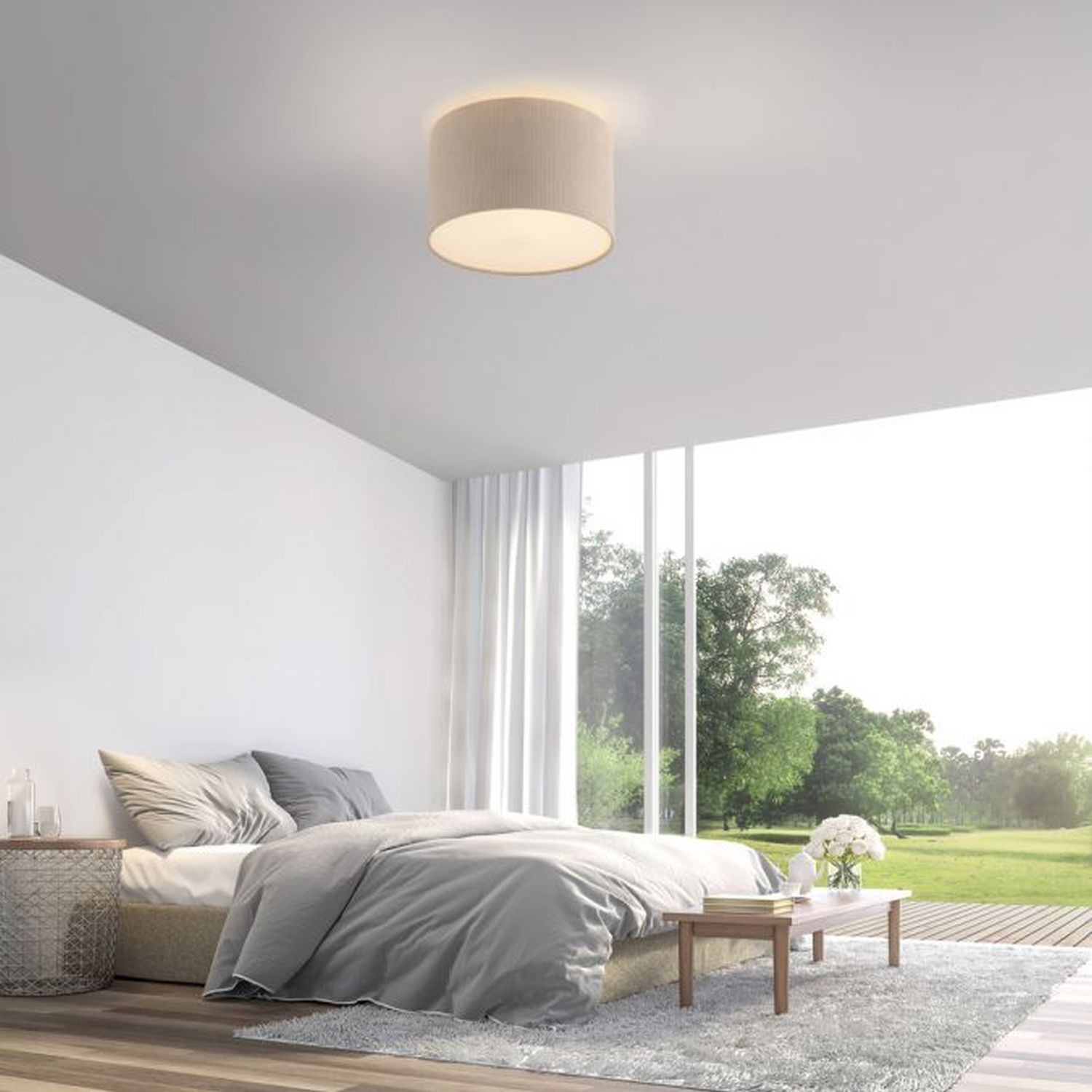 Stoff Deckenlampe blendarm Beige E27 Ø35 cm gemütlich